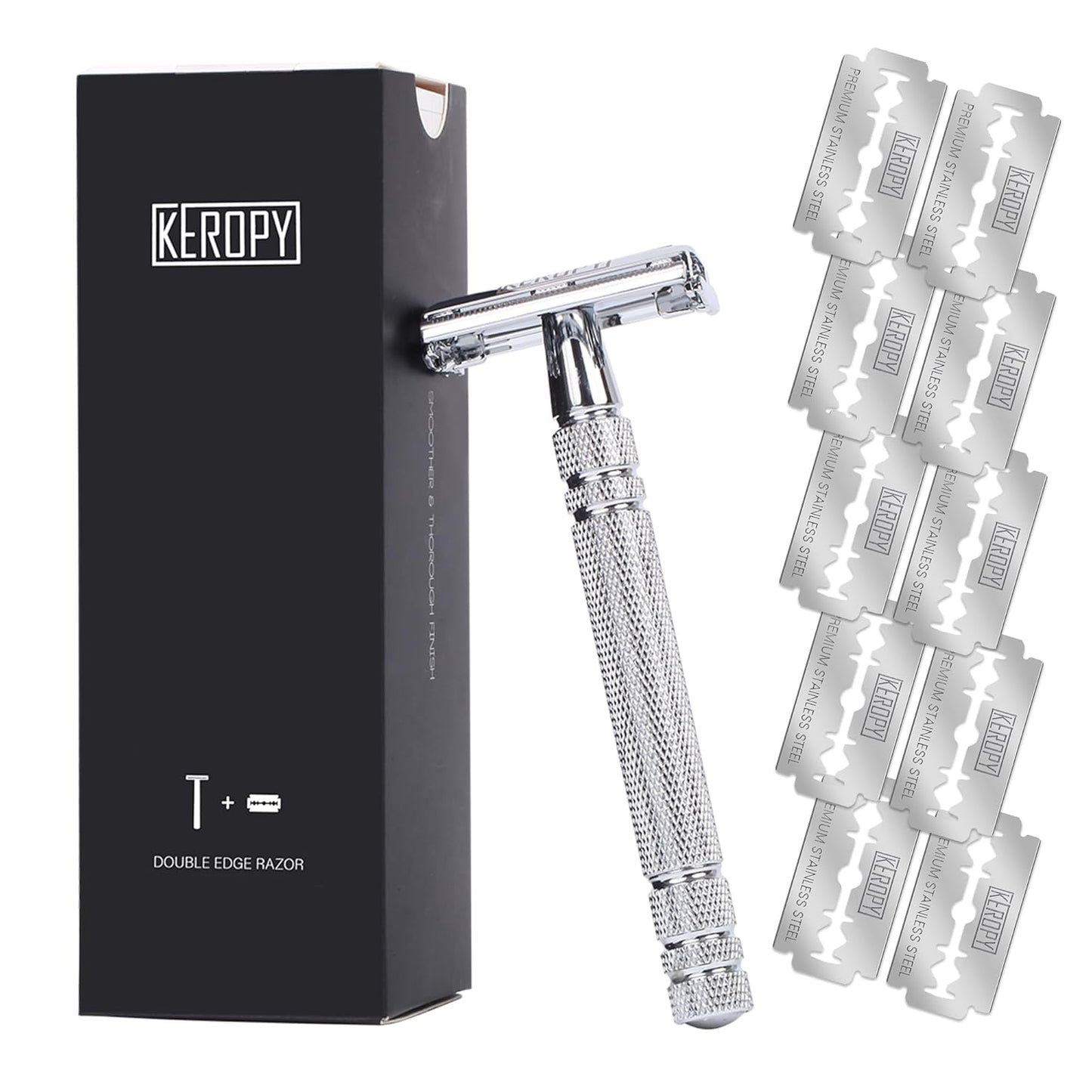 Men's Safety Razor for a Close Shave, Single Blade Double Edge Razor for Men with 10 Stainless Steel Razor Blades - Reusable Metal Shaver, Eco-Friendly Men's Shaving Kit - Silver