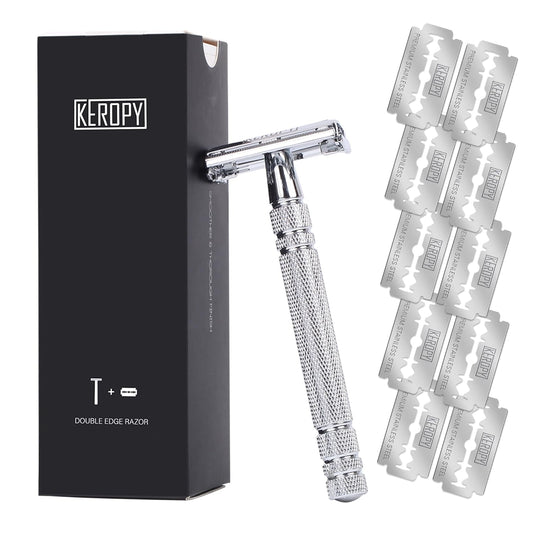 Men's Safety Razor for a Close Shave, Single Blade Double Edge Razor for Men with 10 Stainless Steel Razor Blades - Reusable Metal Shaver, Eco-Friendly Men's Shaving Kit - Silver