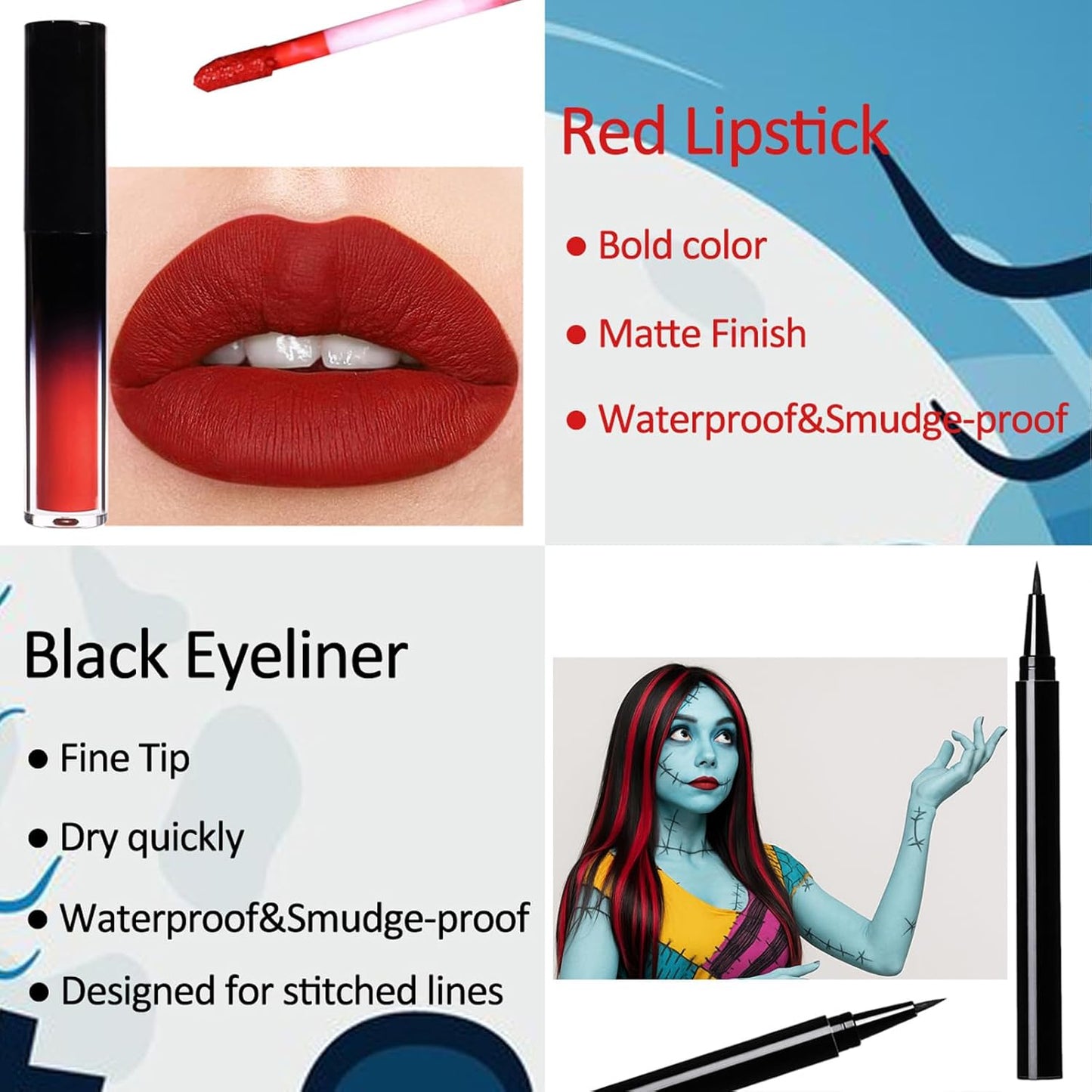 Halloween Makeup Kit for Sally Costume Women Girls Kids,Sally Face Cosplay Accessories with Light Blue Face Paint,Black Liquid Eyeliner,Red Lipstick,Clip in Hair Extensions,Setting Powder&Sponges
