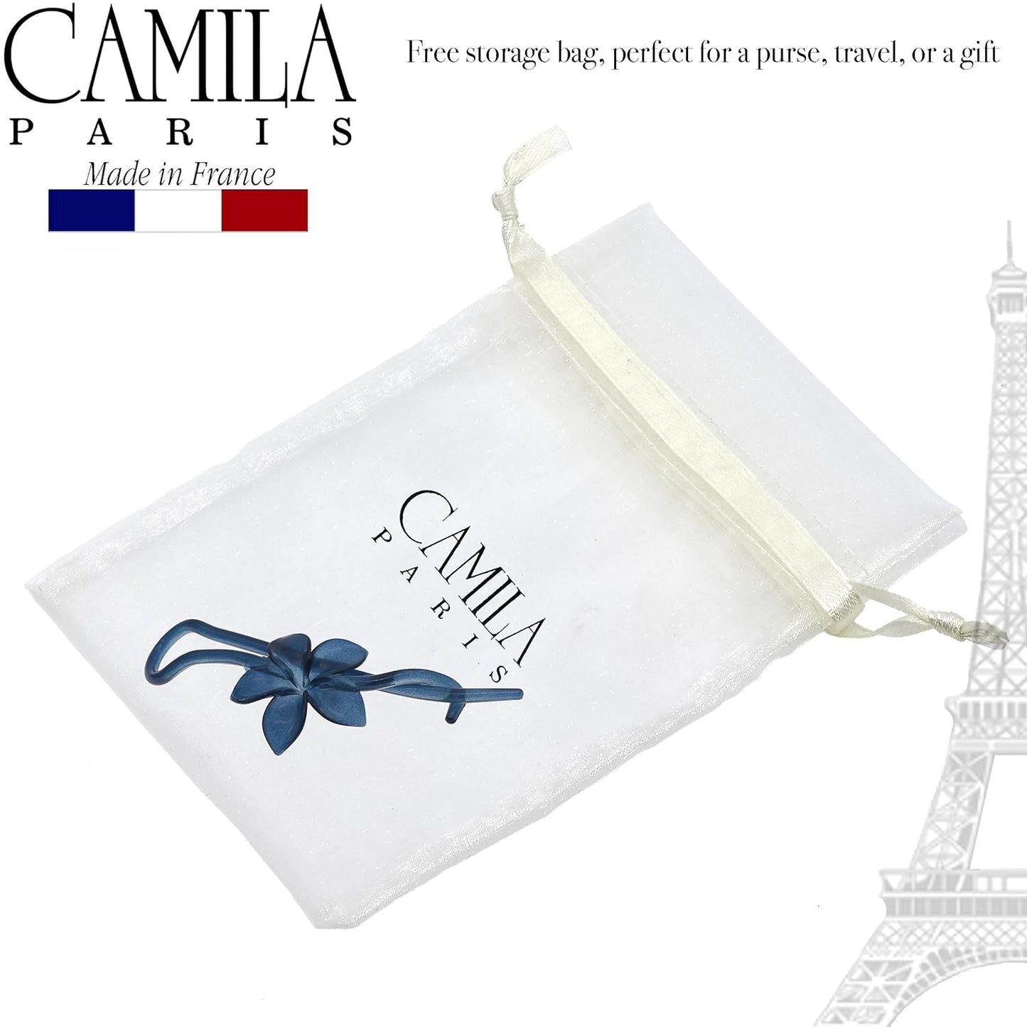 Camila Paris CP3194 French Hair Barrette Pin Clips for Girls, Flower, Blue, No Metal Parts, Strong Hold Grip Hair Clips for Women, No Slip and Durable Styling Girls Hair Accessories, Made in France