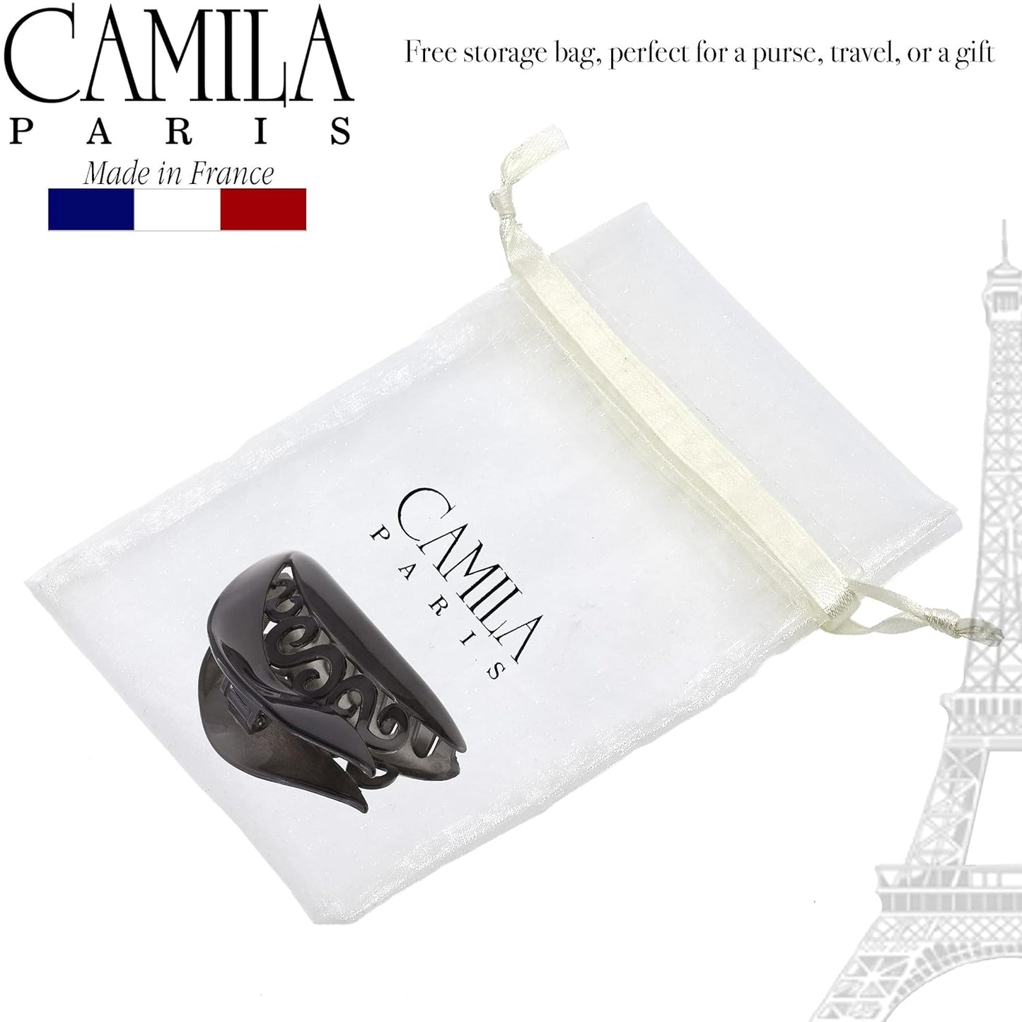 Camila Paris CP3214 French Hair Clip for Thick Long Curly Wavy Hair, Gray, Girls Jaw Clip, Strong Hold No Slip Grip, Made in France