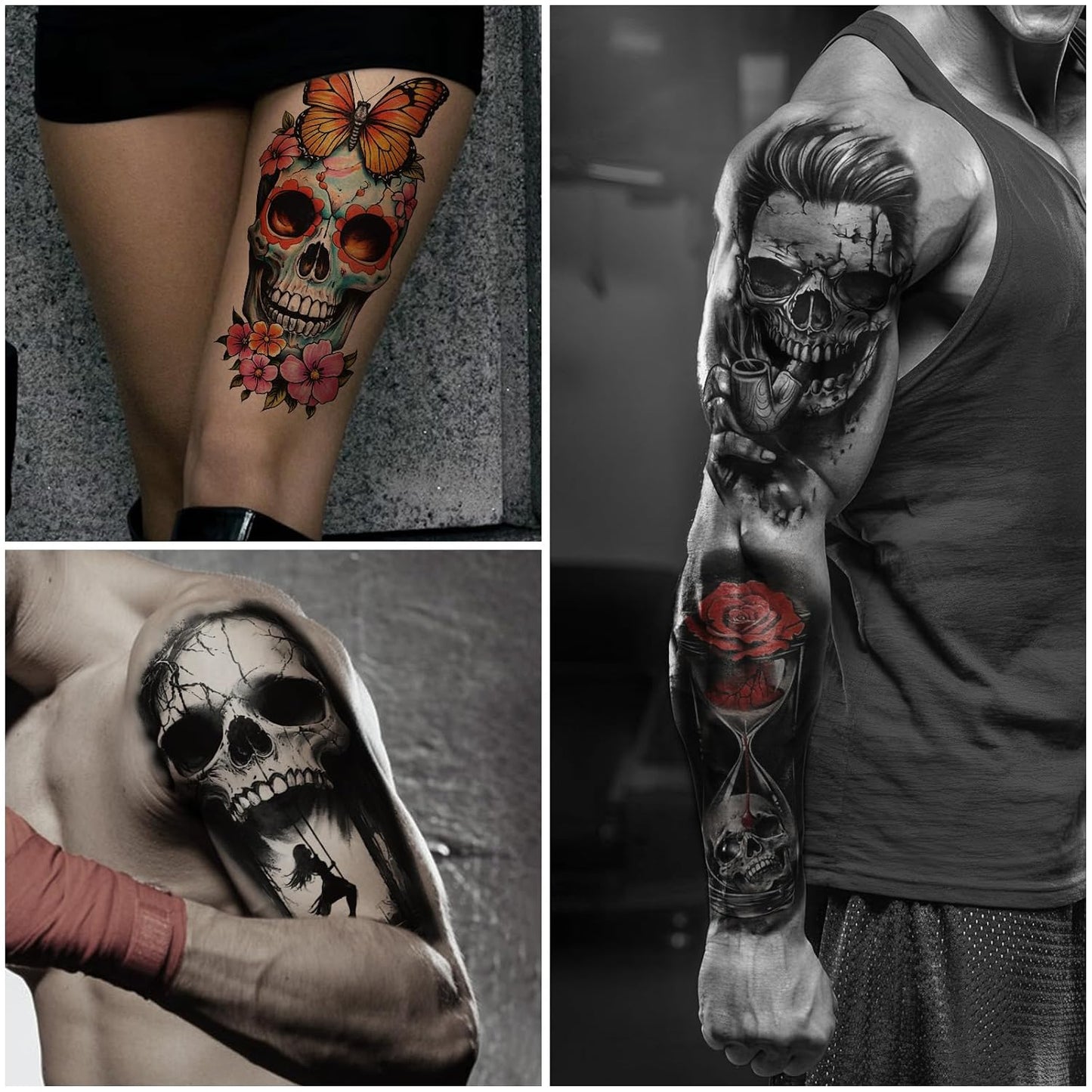 Skull Temporary Tattoos for Adults, 77 Sheets Skeleton Gothic Fake Tattoos for Men and Women, Black Large Sleeve Tattoo Stickers for Kids