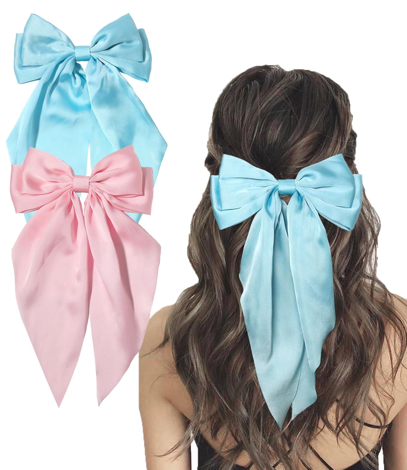 Furling Pompoms Hair Bows Clips for Women Large Bow Clips for Girls Satin Long Tails with Alligator Clips Big Hair Bow Hair Accessories (Pink Blue)