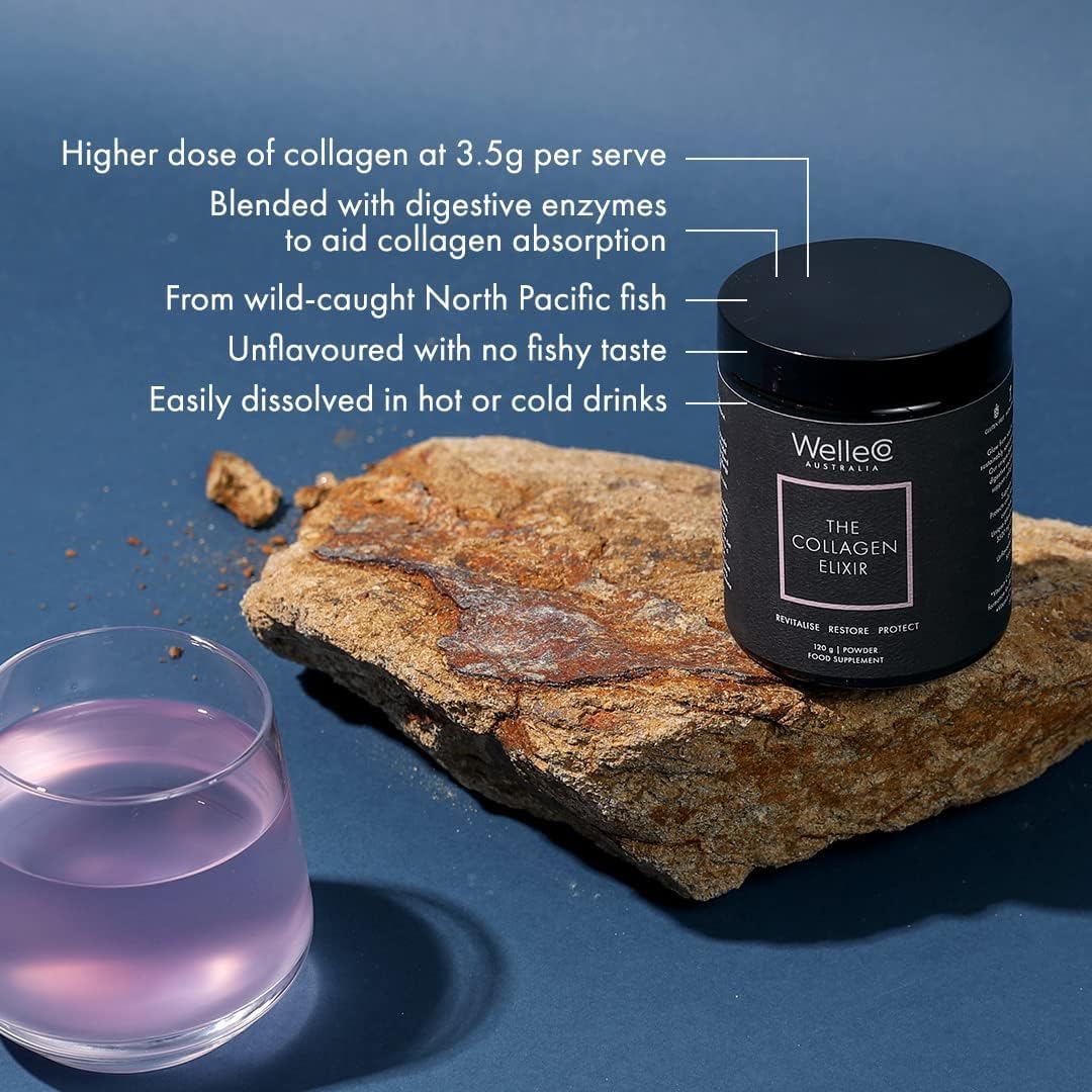 WelleCo The Collagen Elixir, Marine Collagen Peptides Powder with Hyaluronic Acid, Vitamin C, Digestive Enzymes & Silica for Skin, Hair & Nails, Unflavored, 4.23 oz