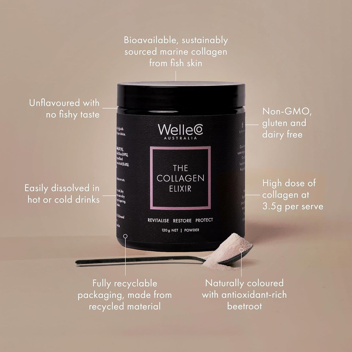 WelleCo The Collagen Elixir, Marine Collagen Peptides Powder with Hyaluronic Acid, Vitamin C, Digestive Enzymes & Silica for Skin, Hair & Nails, Unflavored, 4.23 oz