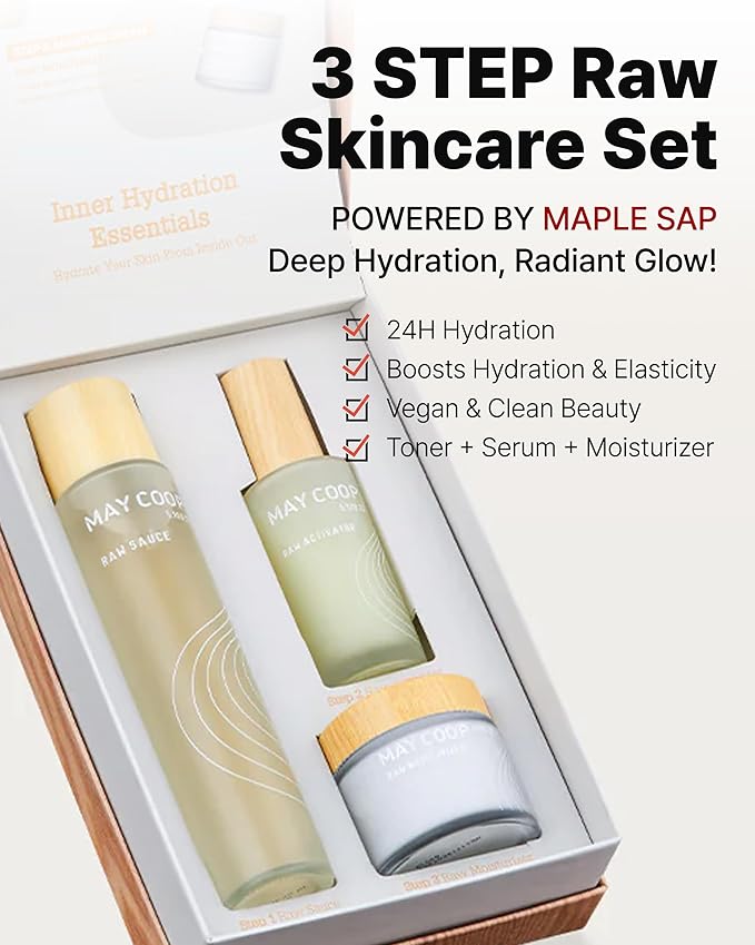 MAY COOP 3 STEP Moisturizing & Hydrating Korean Skincare Set - The Vegan Essence Toner 100ML, Moisturizer Face Cream, Organic Activator Facial Serum All Skin Type
