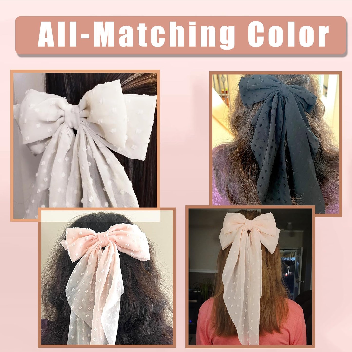 Large Hair Bows 4 PCS - Cute Oversized Ribbon Bows for Women in Beige, Light Pink, White, Black - Hair Barrettes for Different Occasions