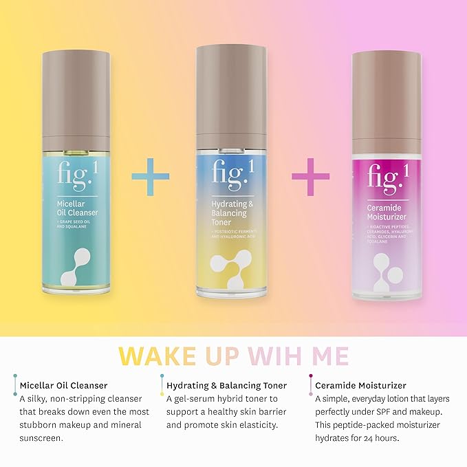 Fig.1 Dewy Morning, Daily Hydration Skincare Gift Set - Travel & Trial Size - Includes Micellar Oil Cleanser (30ml), Hydrating & Balancing Toner (30ml) & Ceramide Moisturizer (30ml)