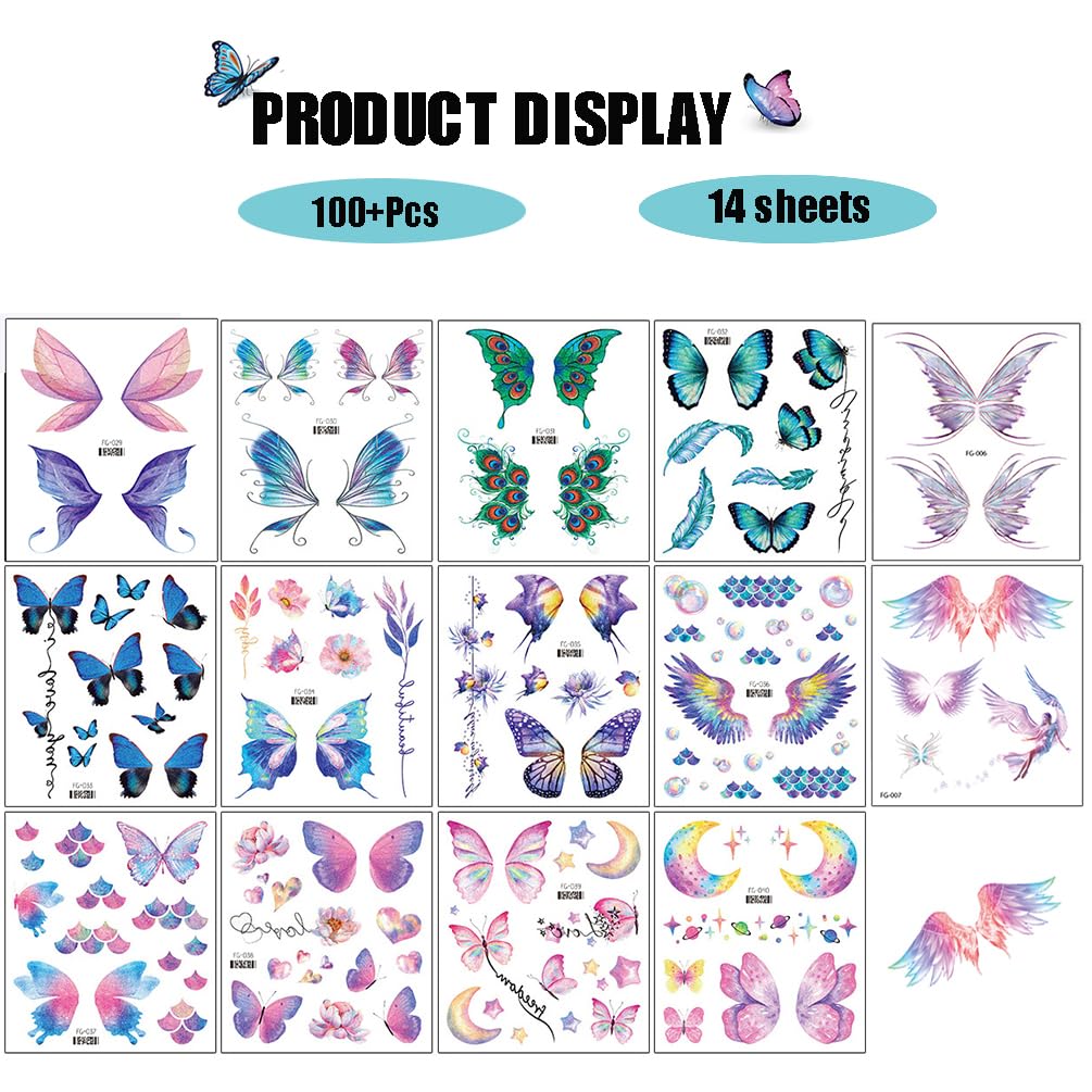 Glitter Butterfly Makeup Temporary Tattoo Stickers Colorful Butterflies Wings Fake Tattoos for Women Girls Festival Birthday Party Favors Face Eye Decoration Supplies (14 Packs)
