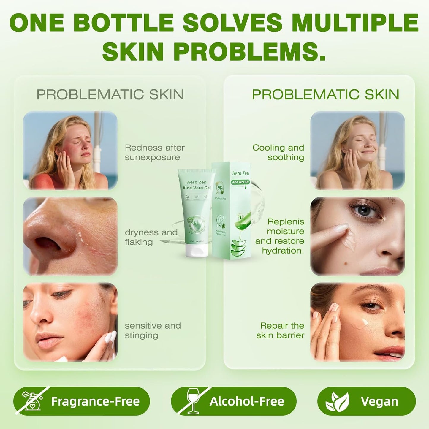 Aero Zen 98% Organic Aloe Vera Gel-2 Pck, Natural Moisturizing Pure Aloe for Face and Arms, Soothing & Hydrating Aloe Gel for Sunburn Relief and Deep Skin Nourishment,