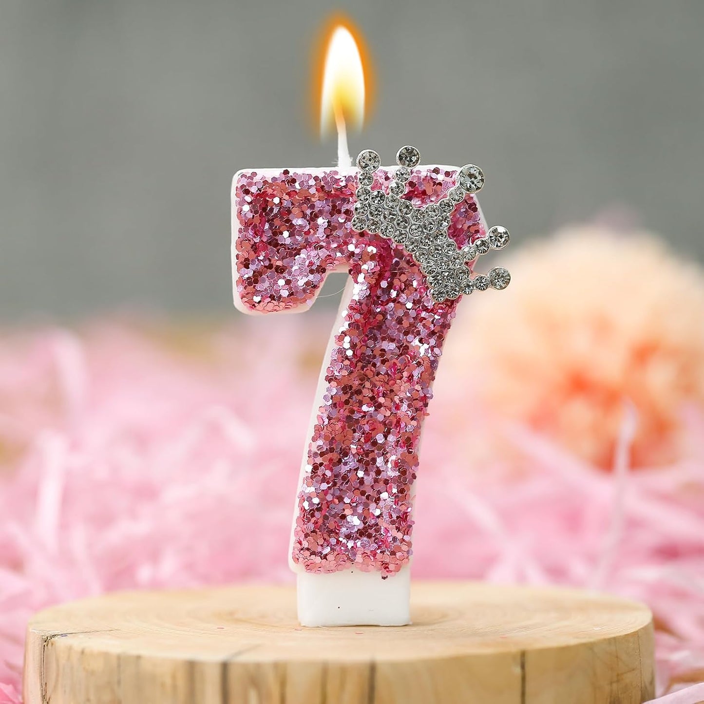 Birthday Number Candles,Pink Crown Birthday Candles for Cake,Glitter Number 7 Candle Cake Topper with Sequins for Girls,Women, Anniversary Celebrations Supplies (Pink 7)