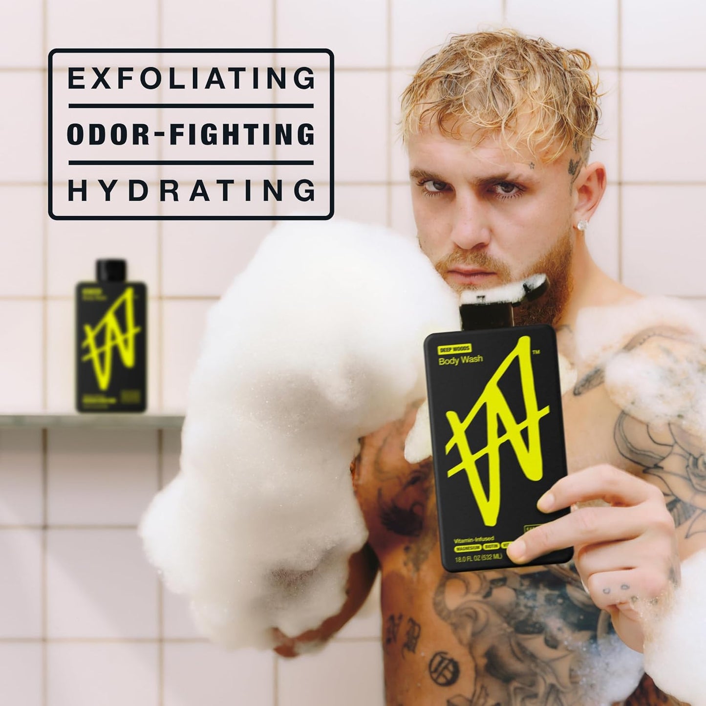 W By Jake Paul Exfoliating Body Wash for Men, Vitamin-Infused, Hydrating Shower Gel, Deep Woods, 18 fl oz