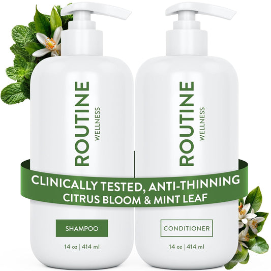 Routine Wellness Anti-Thinning Shampoo and Conditioner Set for Thinning Hair - Biotin DHT Blocker Women & Men - Color Safe Shampoo for Hair Loss & Healthier Hair - Citrus Bloom & Mint Leaf (Pack of 2)