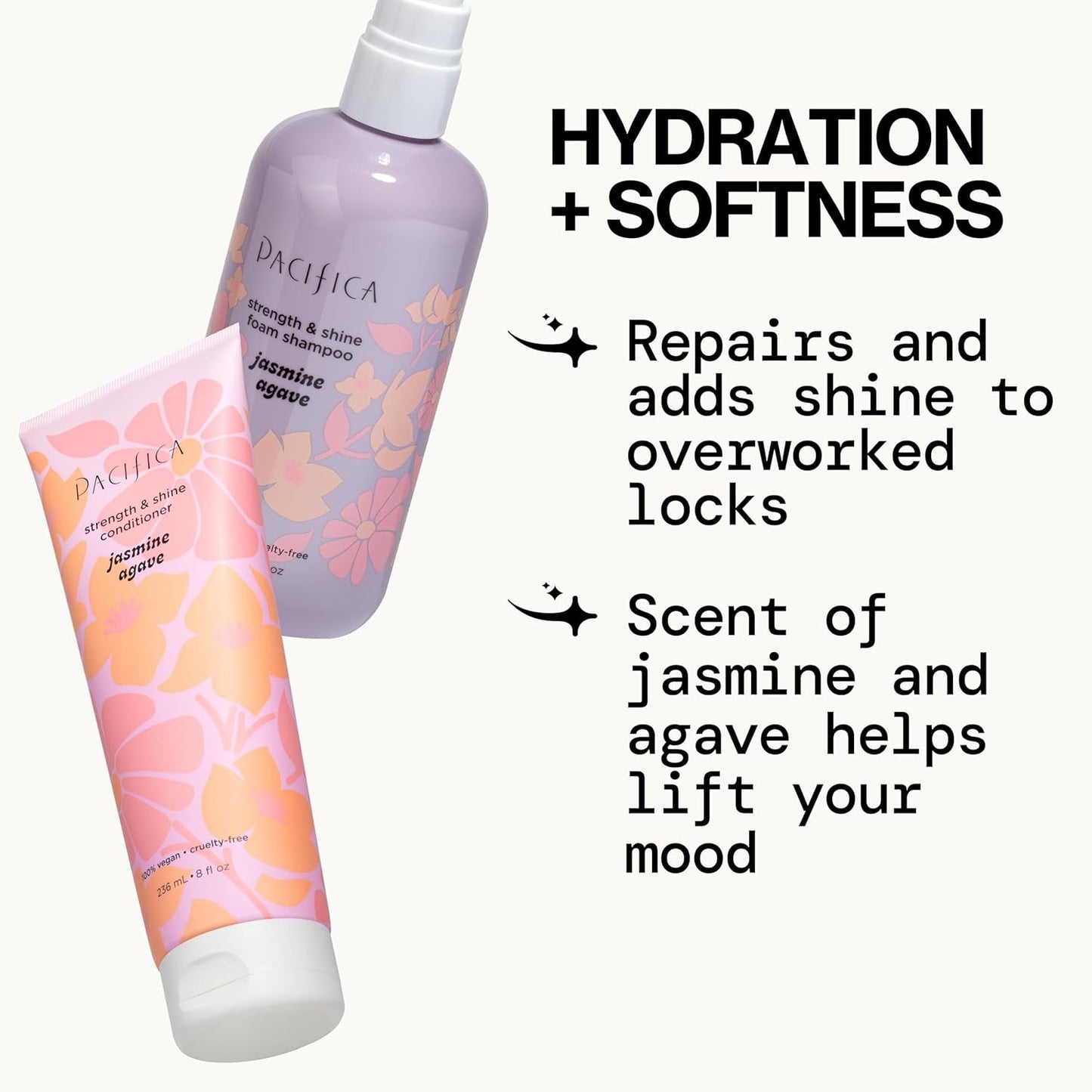 Jasmine Agave Strengthening Shampoo & Conditioner Set – Clean Vegan Shampoo & Conditioner for Weak Or Brittle Hair (Including Color-Treated), Stronger, Shinier Strands, No Silicones or Parabens