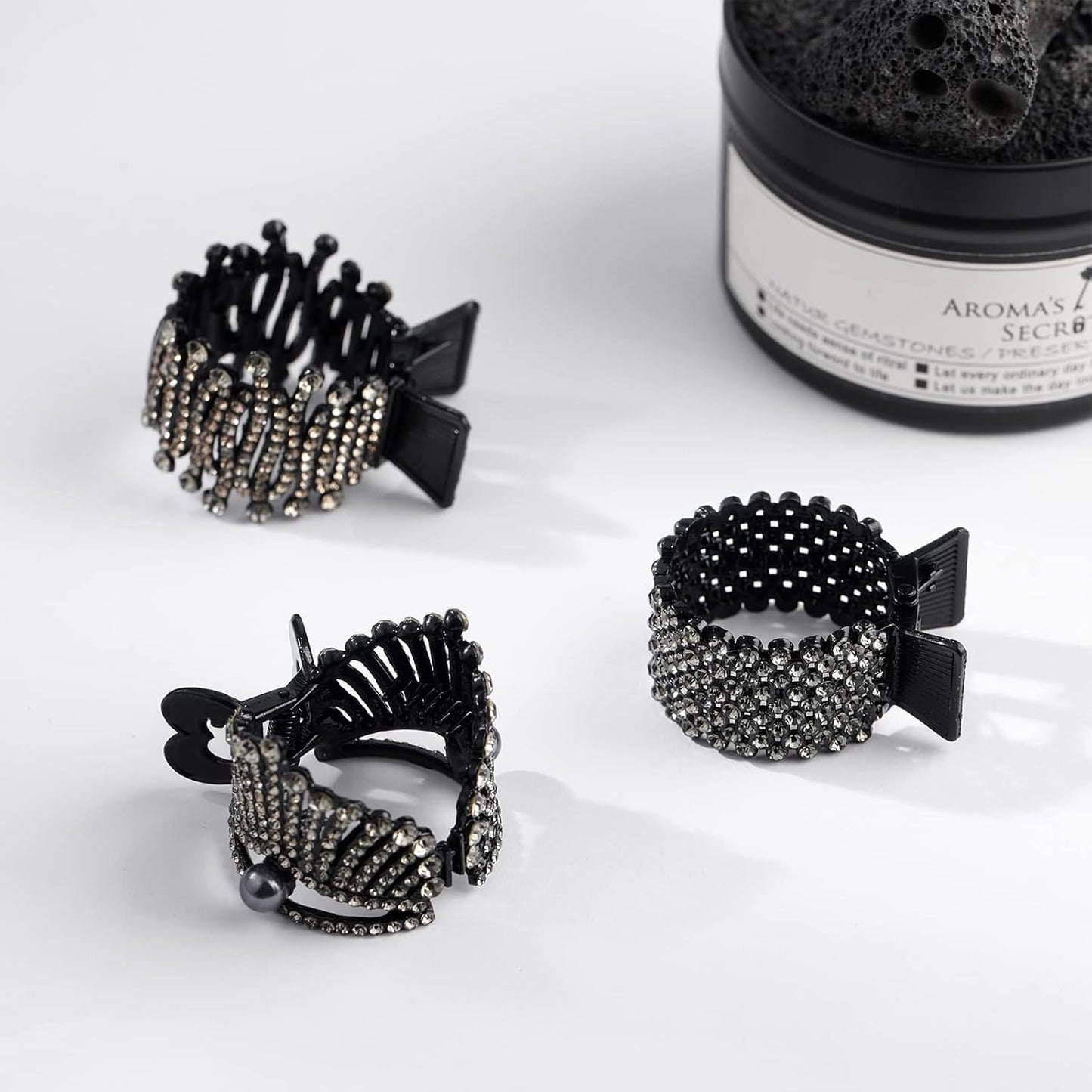 FRDTLUTHW 1.77Inch Small Hair Claw Clips for High Ponytail, Rhinestone Shark Hair Clips for Women Thick Long Hair (Black,Pack of 3)