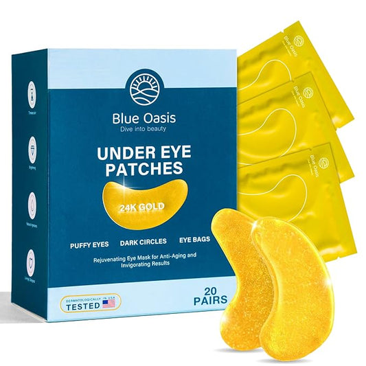 Blue Oasis Under Eye Patches for Puffy Eyes and Dark Circles - 20 Pairs Brightening 24K Gold Eye Mask, Hyaluronic Acid and Collagen Eye Care Gel Pads, Relaxing Self Care and Home Spa Gifts for Women
