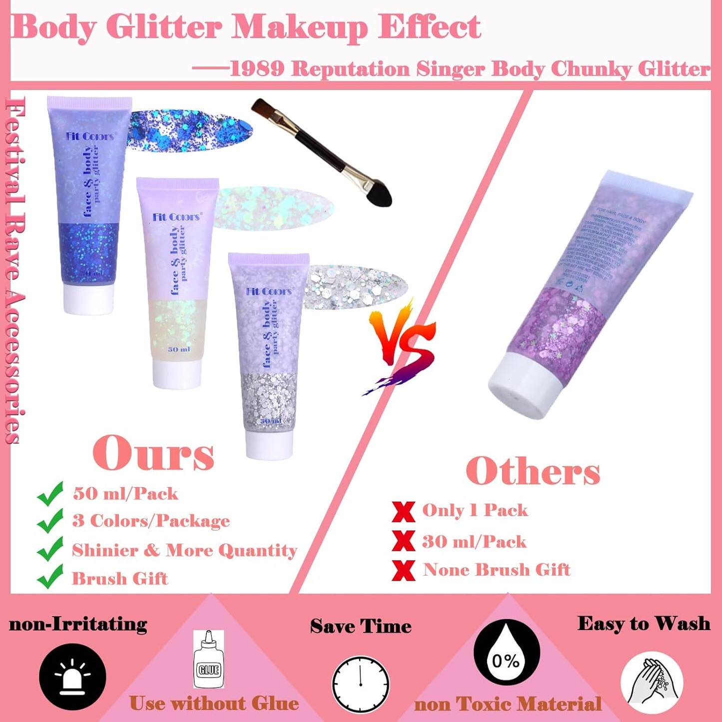 Body Glitter Face Glitter Gel: Singer Concerts Disco Festival Rave Accessories Face Glitter Makeup 150ml Chunky Sequins Mermaid Face Body Hair Glitter Gel (White&Silver&Blue)