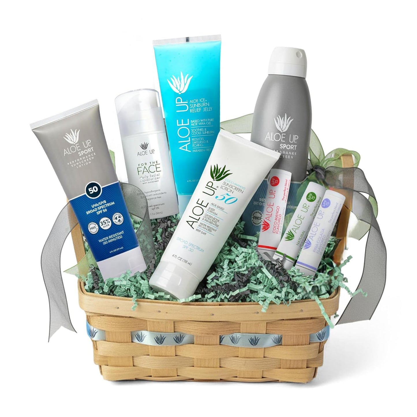 Aloe Up Sun & Skin Care Gift Basket – 6-Piece for Men & Women Set with SPF Moisturizers, Sport Sunscreens, Lip Balm & Aloe Gel – Alcohol-Free, Reef Friendly, Hydrating Skincare Kit
