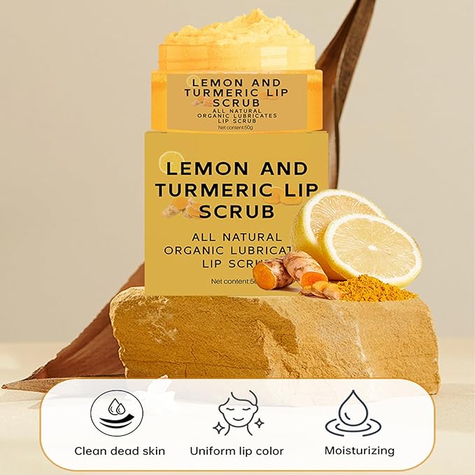 Turmeric Lemon Lip Scrub, Turmeric Lip Exfoliator with Aloe Vera Gentle Exfoliant Natural Lip Scrub for Dry, Chapped, Reduce Fine Lines Lip 50g