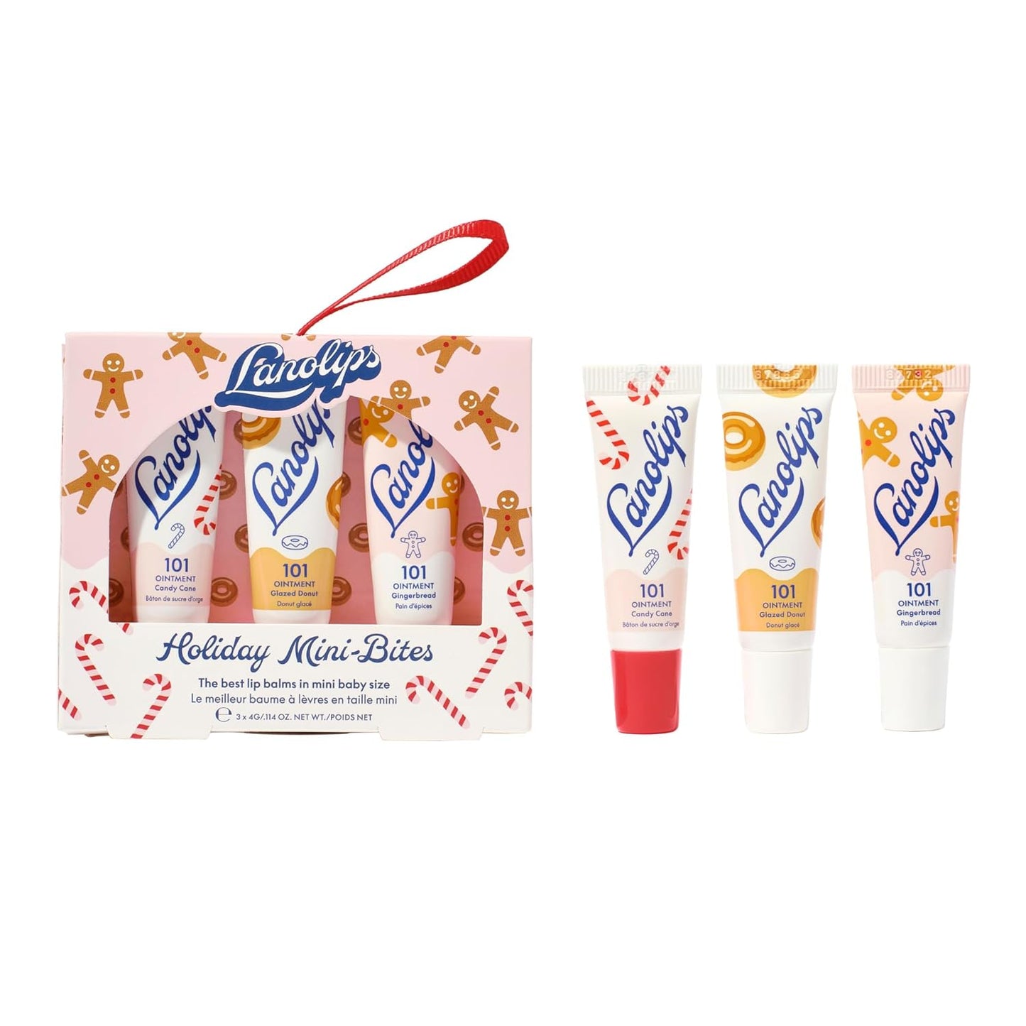 Lanolips Holiday Mini Bites Gift Set - Includes 101 Ointment Lanolin Lip Balm in Candy Cane, Glazed Donut & Gingerbread - Limited Edition Lanolin Holiday Gifts (3 Pieces)
