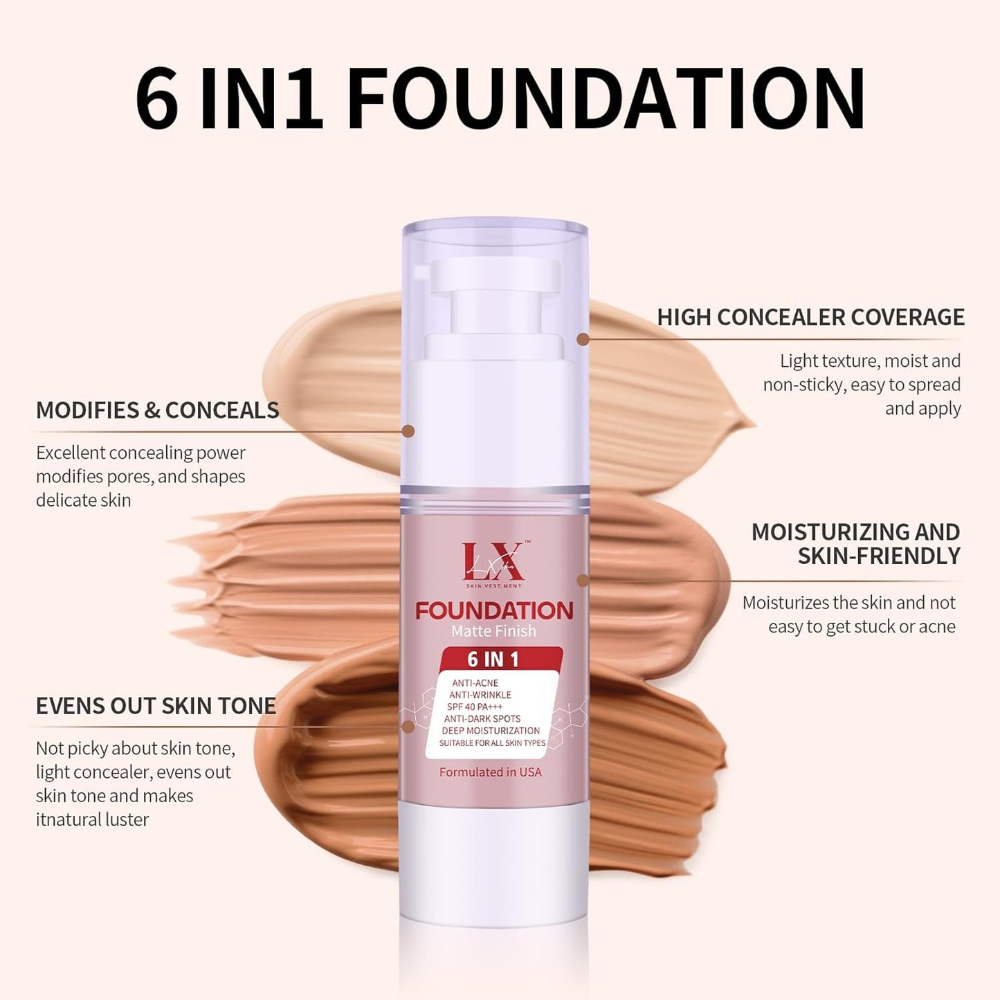6-in-1 Makeup Infused with 1% Hyaluronic Acid- Matte + Poreless Liquid Foundation For A Glowing & Soft-Focus Look, Suitable for All Skin Types (405 Deep, 6-in-1 Makeup Foundation)