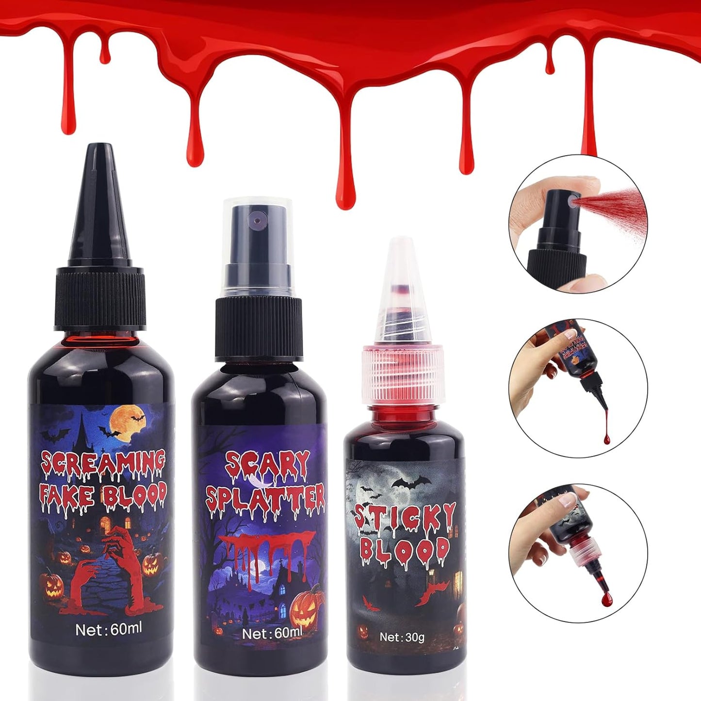Fake Blood SFX Makeup Kit – 3 Pack Special Effects Halloween Blood Set [1.06oz Coagulated + 2.03oz Dripping + 2.03oz Spray] – Washable Vampire Blood for Face, Body, Clothes