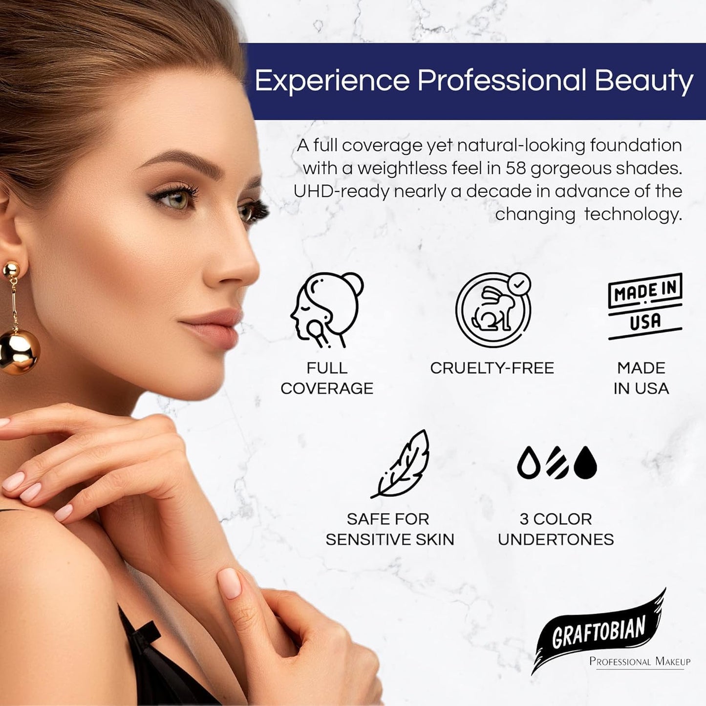 Graftobian HD Glamour Crème Foundation 1/2oz, Weightless Full Coverage Makeup, 65 Inclusive Shades, For All Skin Types, Natural or Full-Glam Looks, For Professionals and Beginners (White Rose)