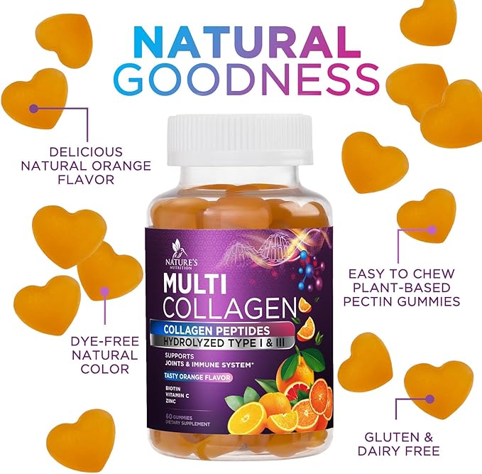 Collagen Gummies for Women with Vitamin C, Zinc & Biotin - Hydrolyzed Protein Type 1 & 3 Multi Collagen Peptides Supplement - Support for Hair, Skin, Nails & Joints, Gluten Free Complex - 60 Gummies