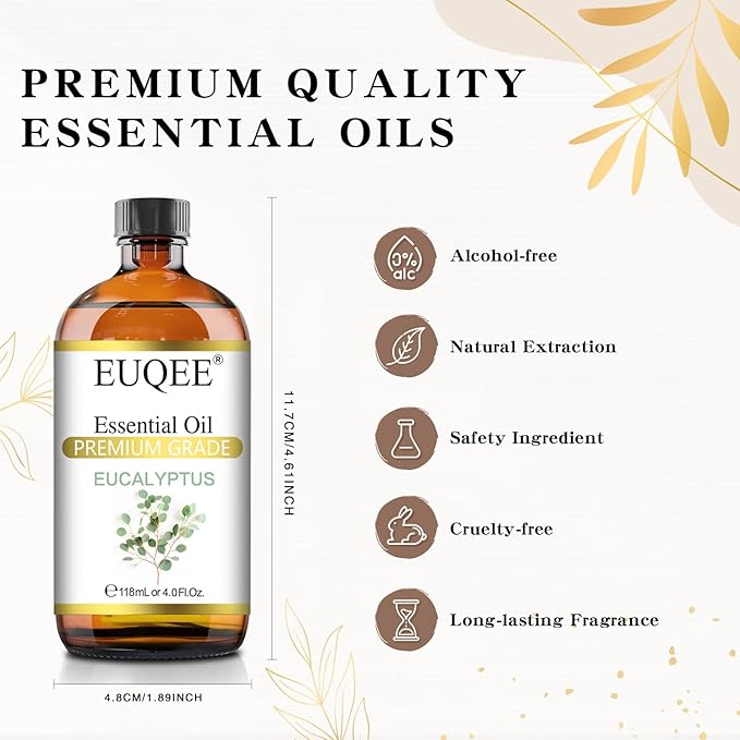 Eucalyptus Essential Oil 118ml Pure Eucalyptus Oil with Glass Dropper for Aromatherapy, Diffuser, Soap & Candle Making - 4Fl.Oz
