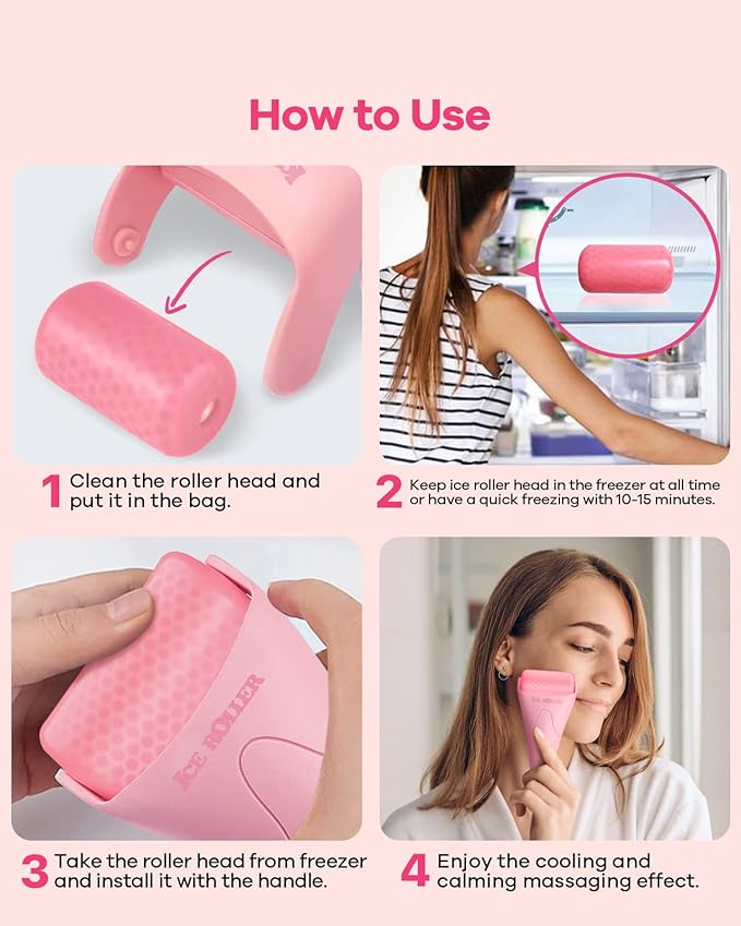 BearKig Ice Roller, Ice Roller for Face, Ice Face Roller, Cold Facial Ice Roller Massager for Eye Puffiness, Women's Gifts, Migraine, TMJ Pain Relief & Minor Injuries, Skin Care Products (Pink)