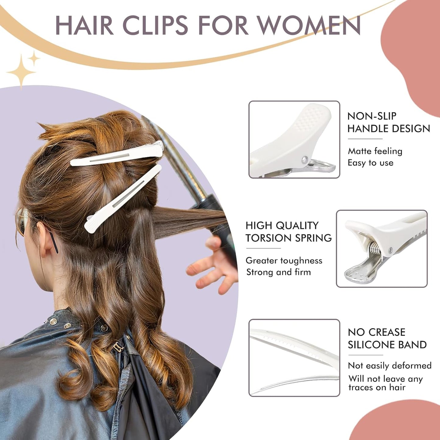 12PCS Hair Clips for Styling Sectioning - Non Slip No Crease Duck Billed Hair Clips for Women with Silicone Band - Professional 4.3 Inch Large Salon Hair Cutting Clips for Hairdresser - White