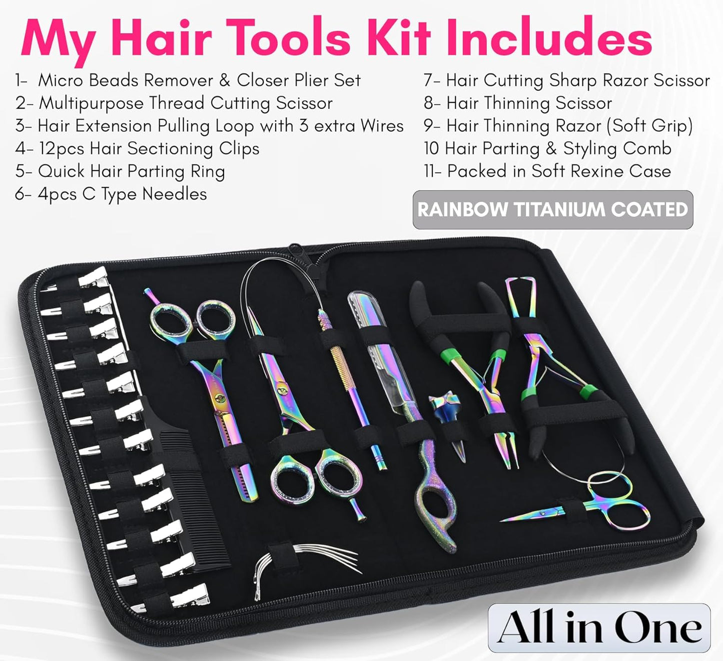 My Hair Tools Professional Hair Extension Tools Kit Includes Micro Link Beads Remover & Crimp Pliers Set, Hair Cutting & Styling Scissors Set, Hair Parting Tool, Hair Extensions Loop Tool (Rainbow)