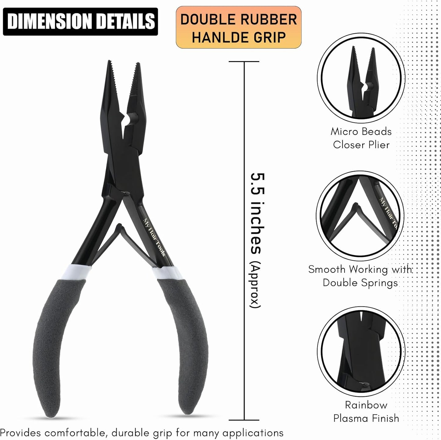 Professional Hair Extension Tools Microlink Bead Remover Plier for Hair Extensions Removal Micro Ring Beads Opener 5.5 Inch Pliers Silver Polish Stainless Steel (Black Gray Foam Applicator)