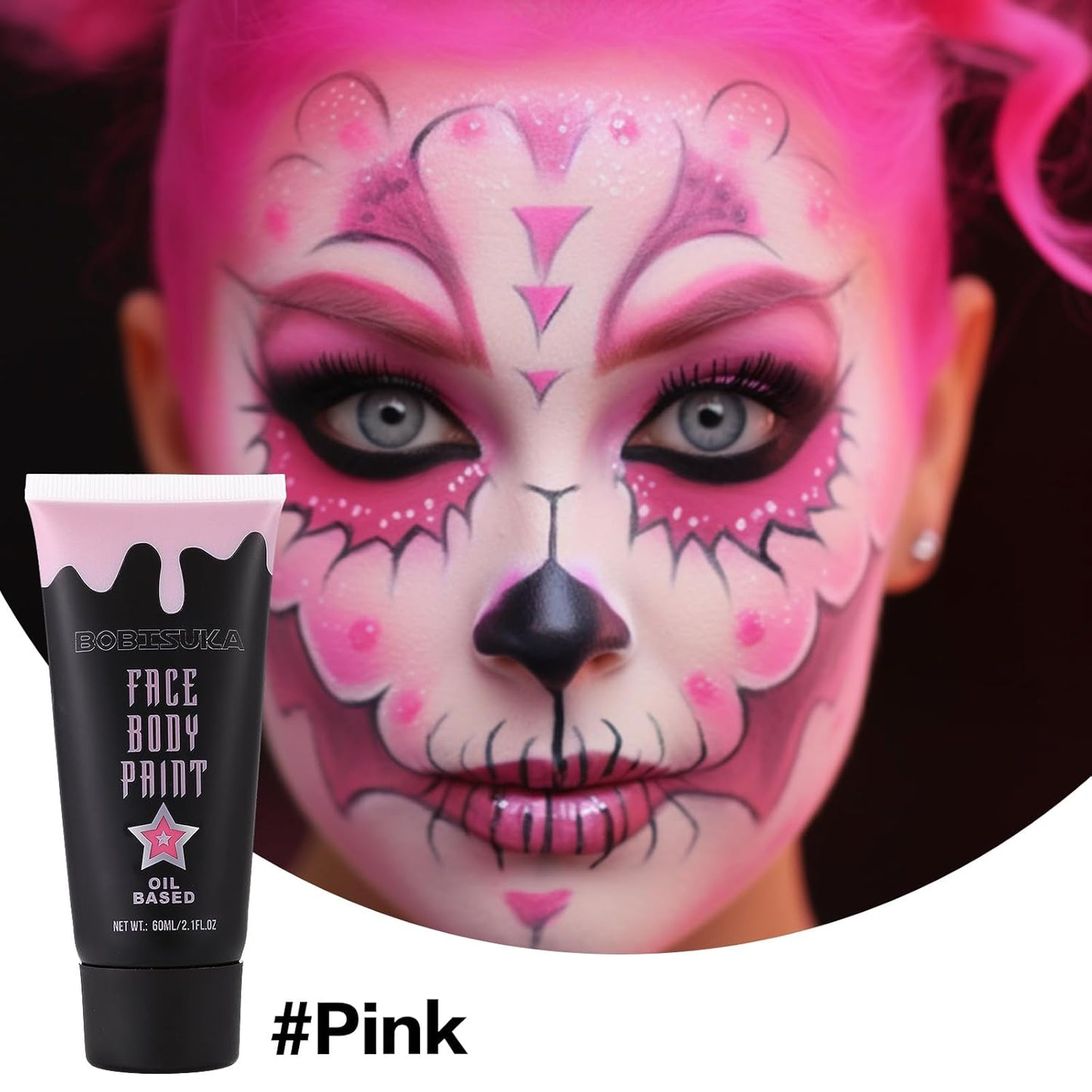 BOBISUKA Pink Face Body Paint, High Pigmented Oil-based Painting Kit, Creamblend Facepaint for Sugar Skull Makeup, Clown Halloween Cosplay, Costume, SFX Special Effect and Theme Parties（2.1 Fl.oz）