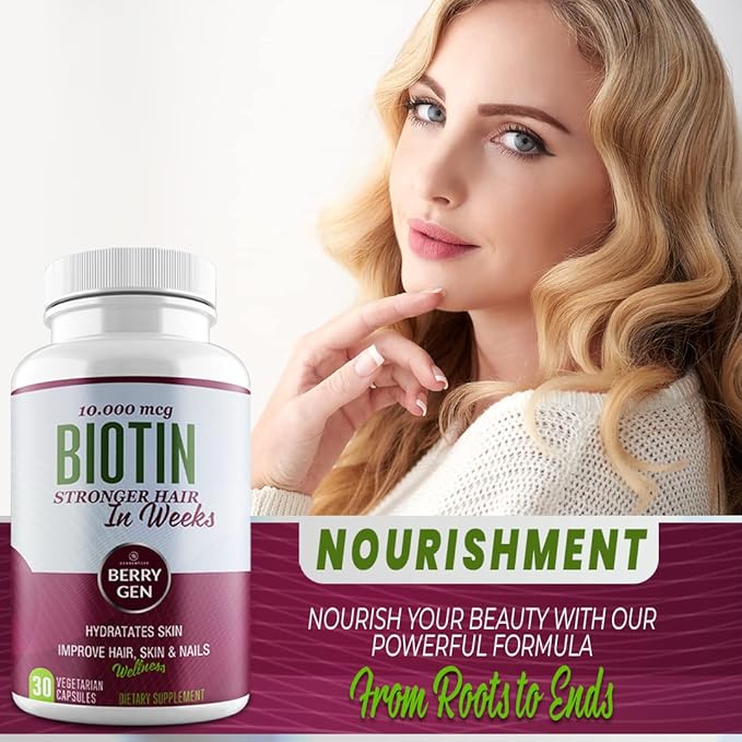 Berry Gen Biotin Supplement 10000 mcg Vegetarian Capsules - Support Hair Health & Growth, Help Heal Skin & Reduce Wrinkles and Moisturize Skin, Hair, and Nails - 30 Count (2)