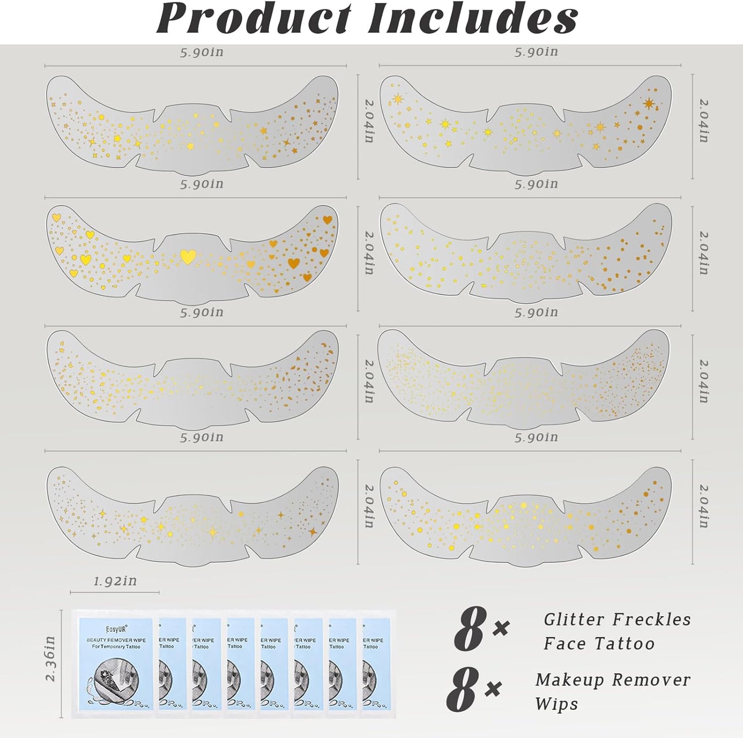 8 pcs Gold Glitter Freckles Face Tattoo, Waterproof Sparkle Face Glitter Speckles Patches for Women, Cute Star Glow up Glitter Temporary Tattoo Makeup Accessories for Festival Rave