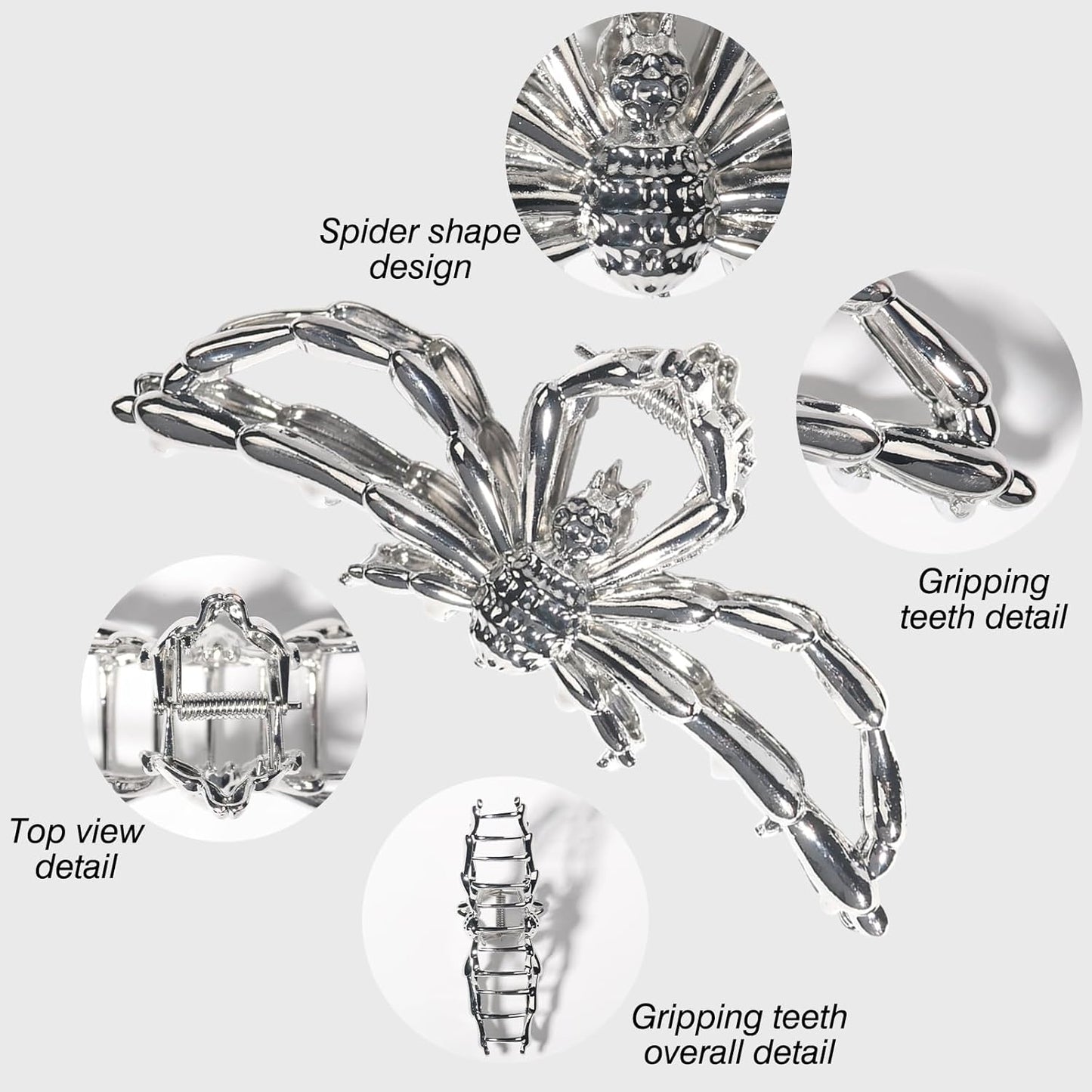 Halloween Spider Hair Claw Clips-Metal Silver Alloy Hair Clips Nonslip Terror Spider Strong Hold Hair Jaw Clips Punk Gothic Catch Clips for Women Thick or Thin Hairs Hair Accessories-Spider Style 1