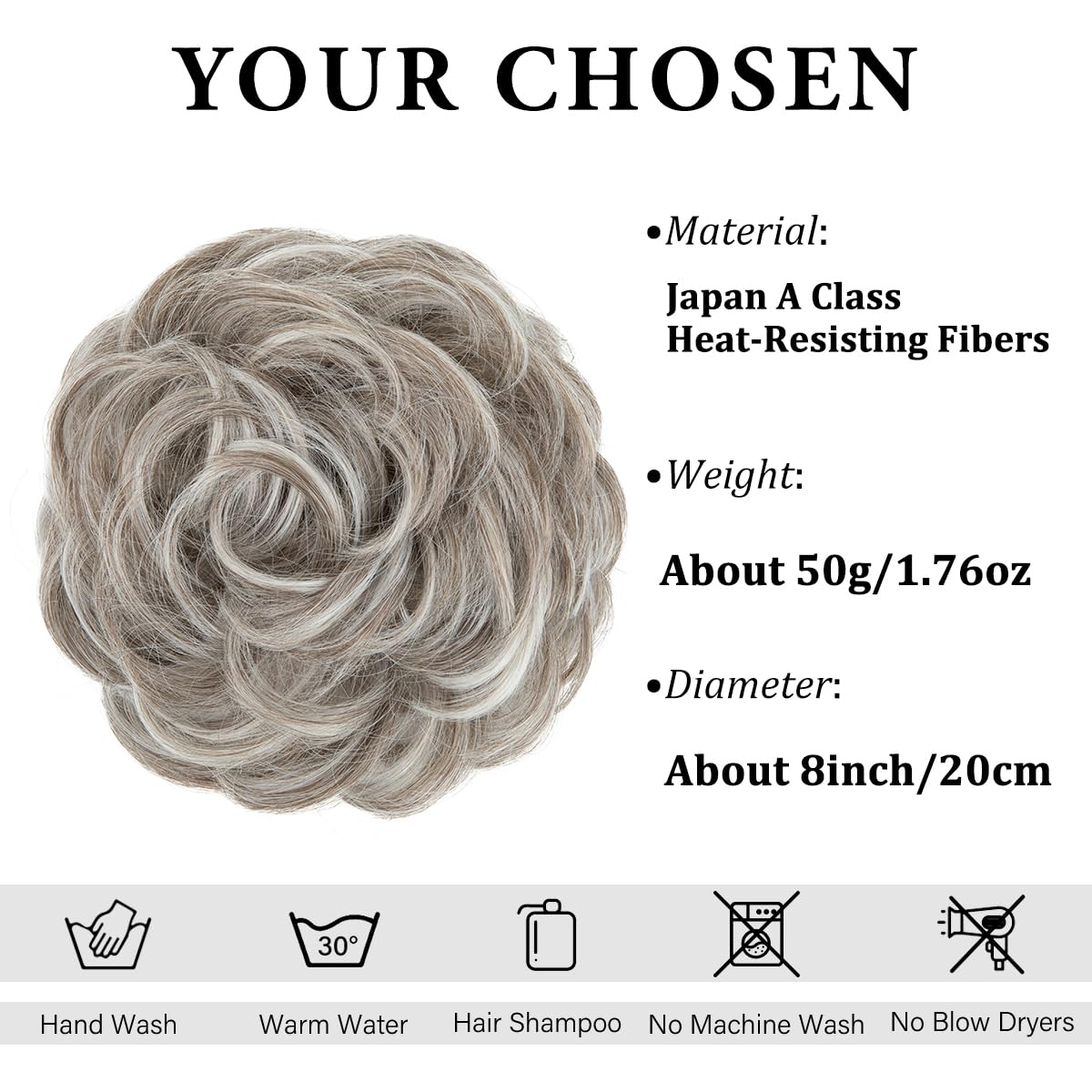 CJL HAIR Large Messy Bun Hair Piece Wavy Curly Scrunchies Synthetic Chignon Ponytail Hair Extensions Thick Updo Hairpieces for Women Polar Silver