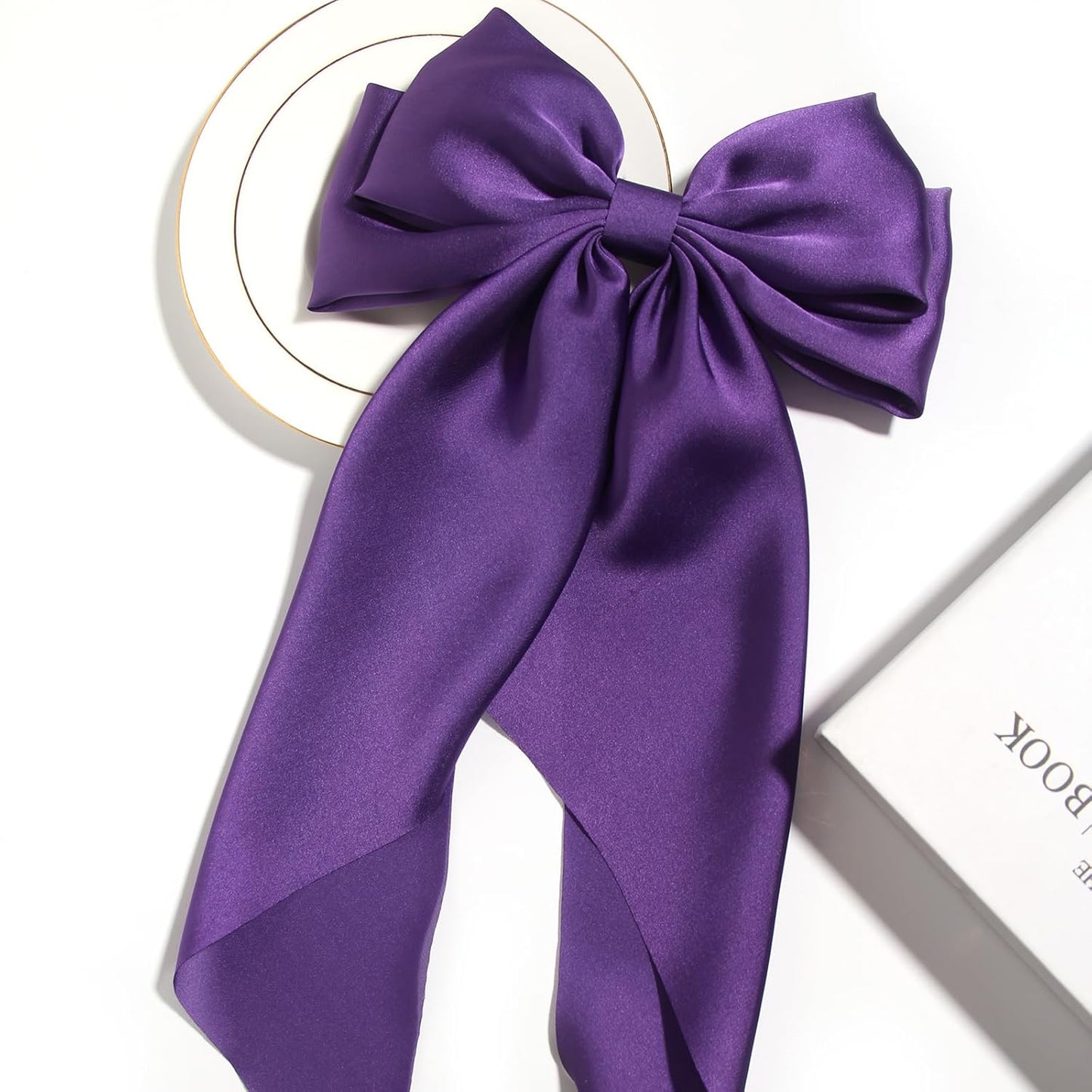 Satin Bow Hair Clips for Women,Big Bow Hair Slides Metal Clips Long Ribbon Hairpin Girls Barrettes Party Half-Updo Ponytail Accessories (2pcs Purple)