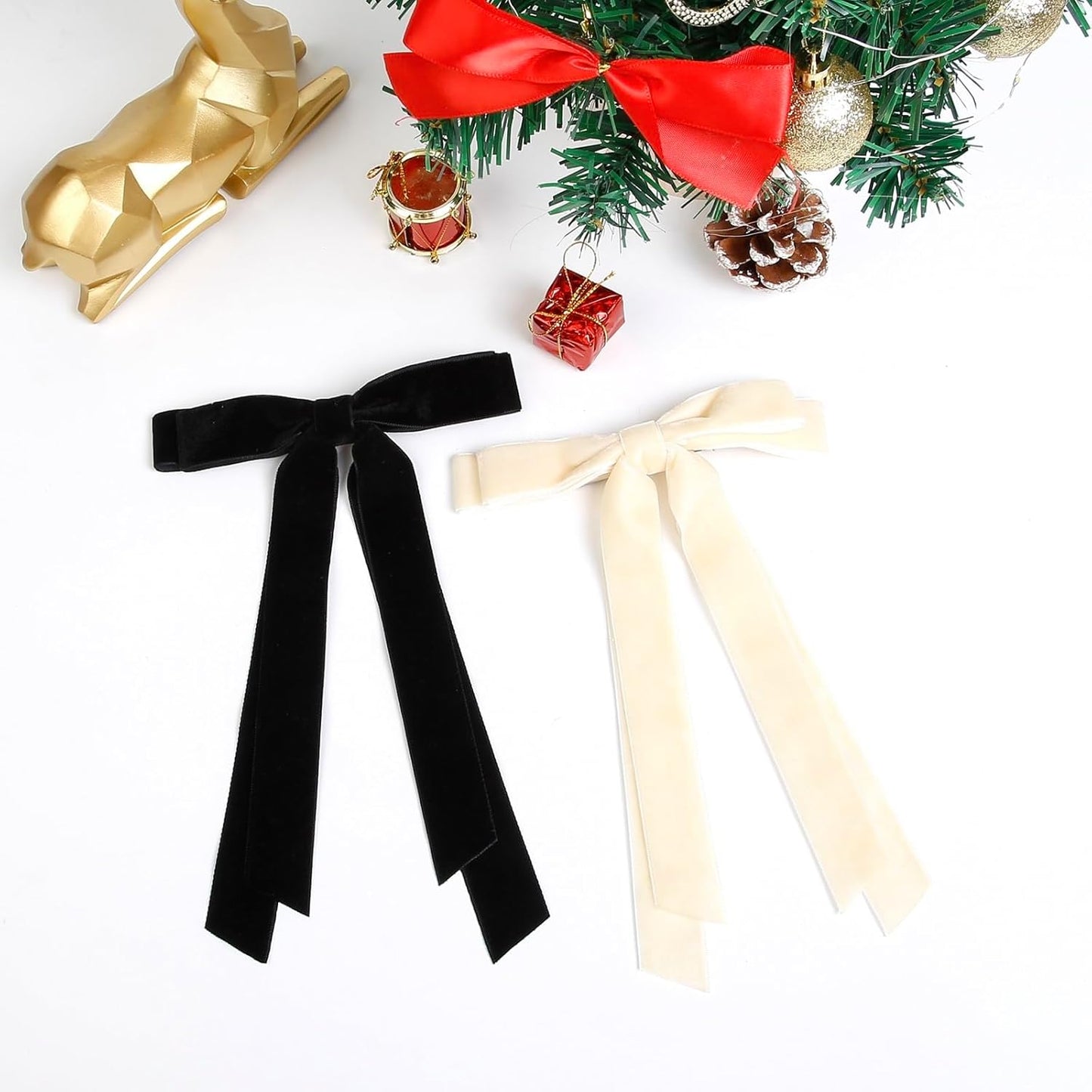 Velvet Hair Bows for Women Girls, Holiday Velvet Ribbon Bows for Hair Holiday Gifts, Black Cream White