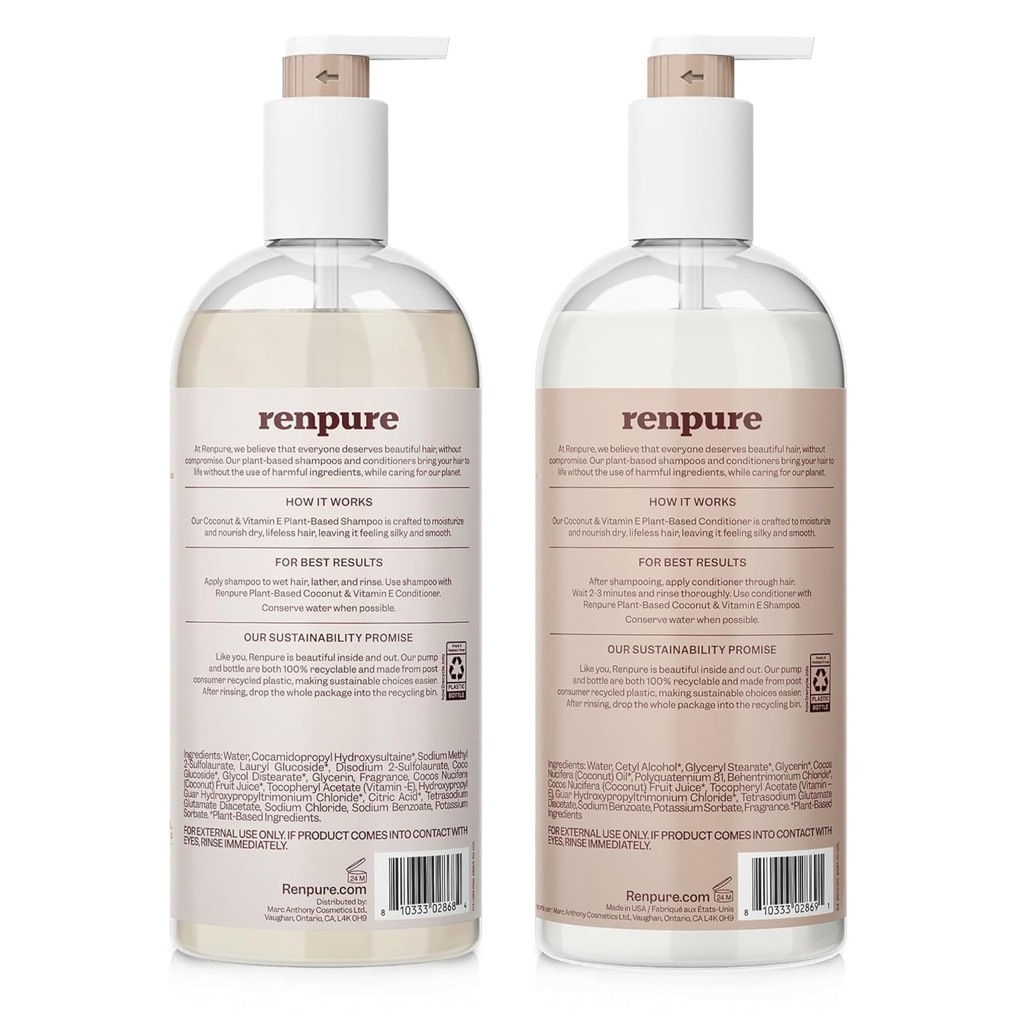 Renpure Coconut & Vitamin E Shampoo & Conditioner Set, Plant-Based – Nourishes & Seals In Moisture For Soft, Healthy Hair – For Dry, Lifeless Hair – Coconut Oil & Vitamin E - 24 Fl Oz each, 2 Pack