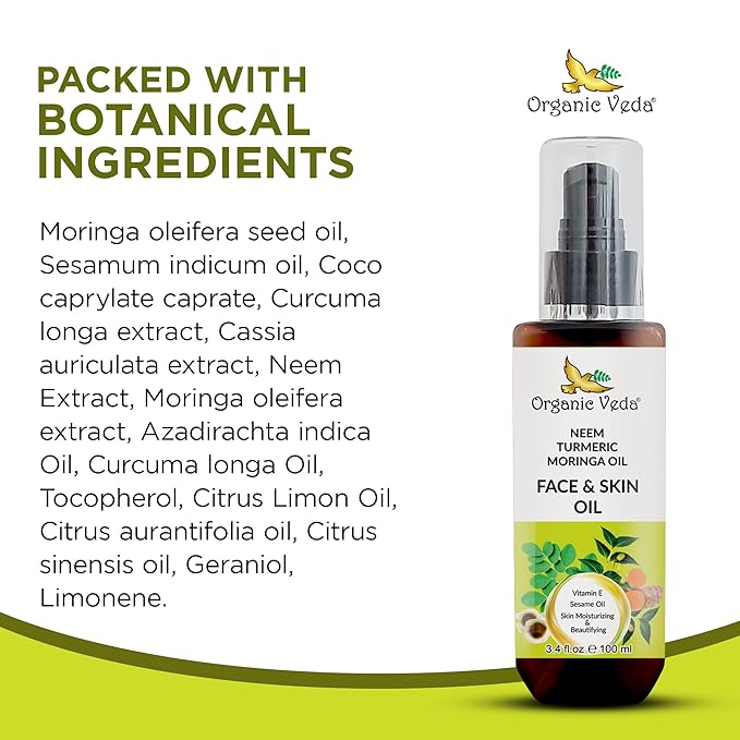 Organic Veda Moringa Face Oil with Neem & Turmeric - 100% Pure Cold Pressed Skin Care Oil Moisturizer for Face Hair & Skin, Natural Skin Glow - 3.4 oz