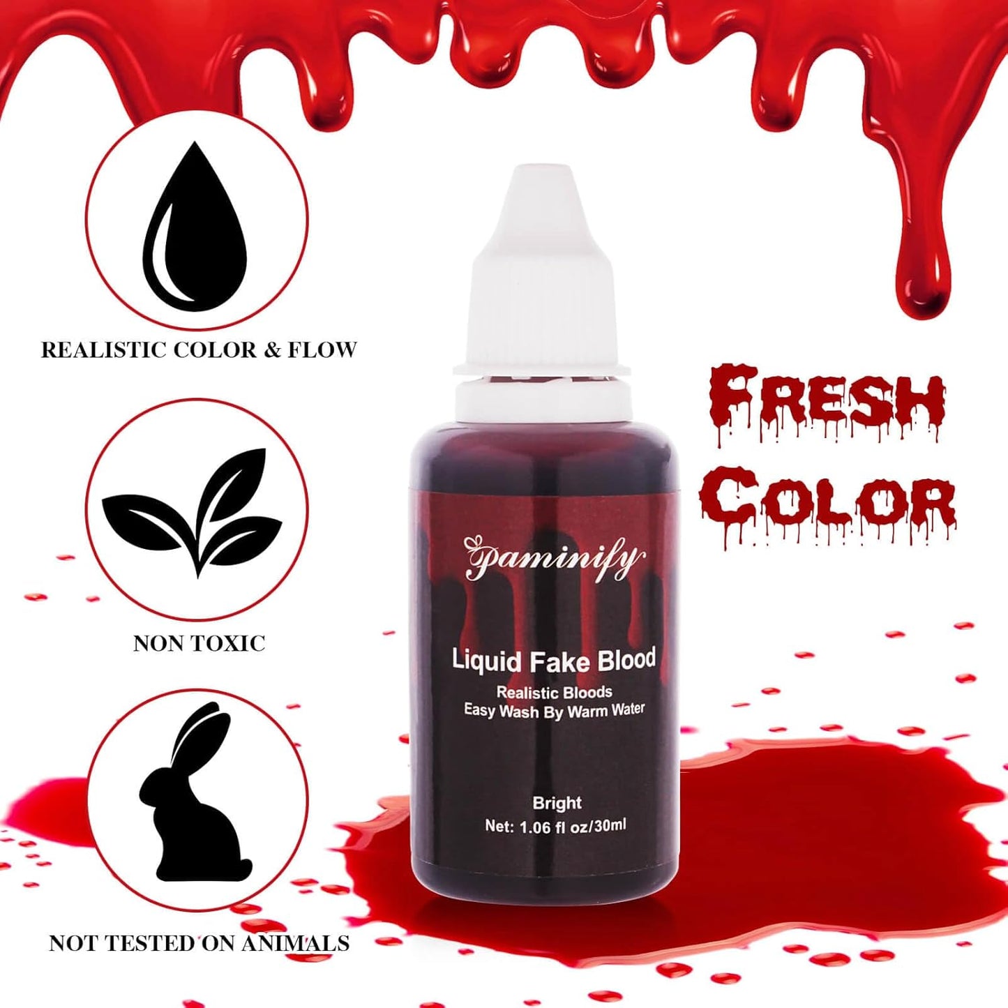 Halloween Fake Blood Washable with Stipple Sponge,1.06 Oz Edible Stage Blood Liquid for Face SFX Makeup,Body Paint Cospaly Dripping Fake Blood,Special Effect for Zombie Vampire,Bright