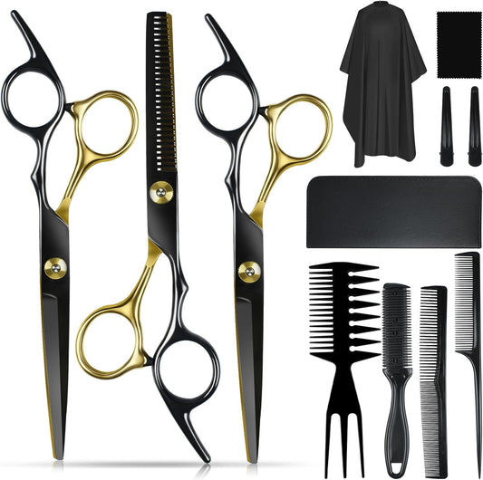 Niura 12 PCS Hair Cutting Scissors Set - Professional Barbers & Salon Kit: Cutting & Thinning Scissors, Comb, Cape, Clips for Men, Women, Kids & Pet