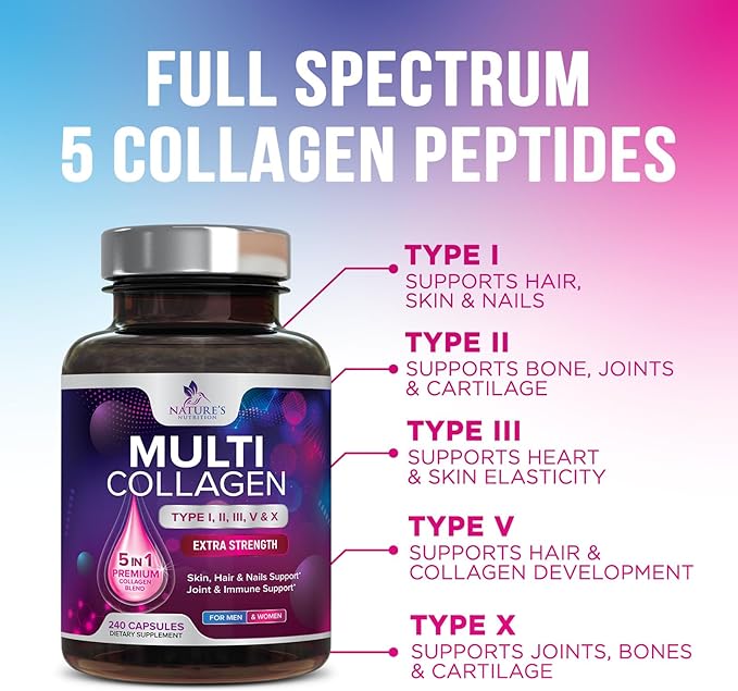 Collagen Peptides for Women & Men - Type I, II, III, V, X Multi Collagen Pills, Hydrolyzed Collagen Peptides Supplements, Nature's Hair, Skin, Nail, and Joint Support Supplement, Non-GMO, 240 Capsules