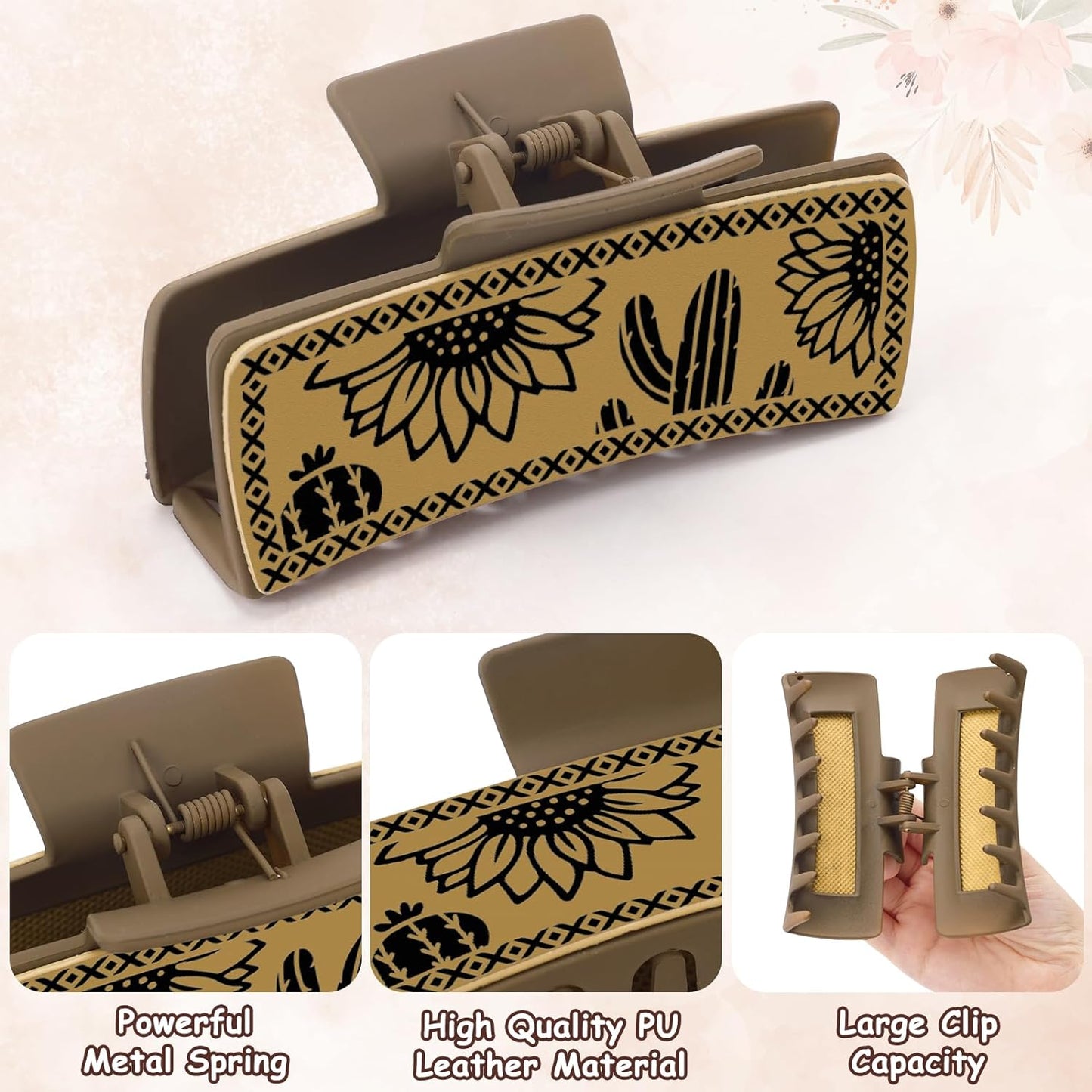 Western Leather Hair Claw Clips Sunflower Floral Square Claw Clips for Hairstyling Southwest Cow Print Cowhide Hair Accessories Large Aesthetic Western Cowgirl Stuff Gift for Women Girls