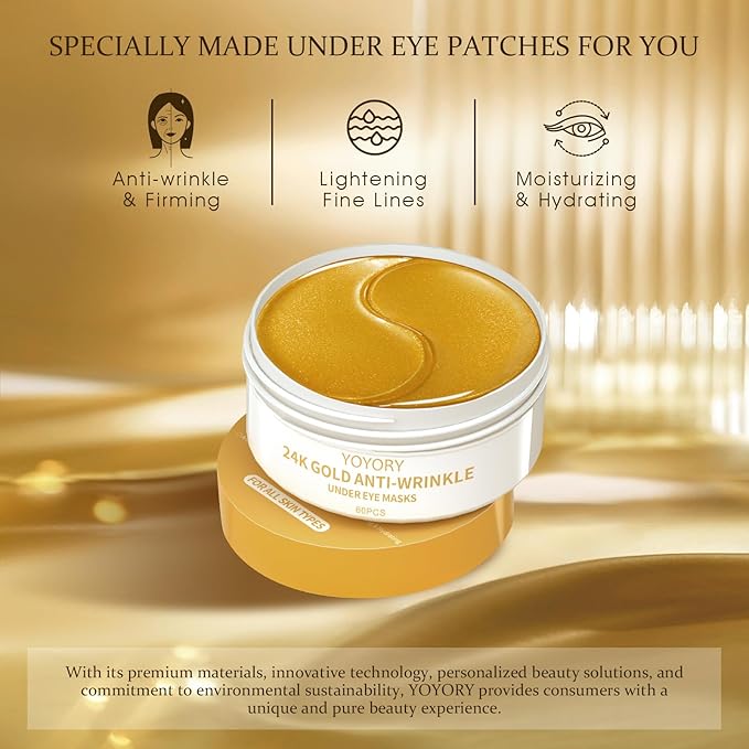 Hydrogel Eye Patches for Dark Circles, Puffy Eyes & Wrinkles - Collagen & Hyaluronic Acid Infused Under Eye Masks, Hydrating Firming Care, Fine Lines,Eye Bags Reduction (60 Pcs) Gold