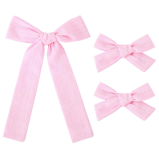 DEEKA Light Pink Cotton Linen Hair Bows 2 Sizes 5"&3.5" Soft Hair Bow set for Toddler Girls Long Ponytail Knot Bows Alligator Clip Hair Accessories for Little School Girls (Light Pink)