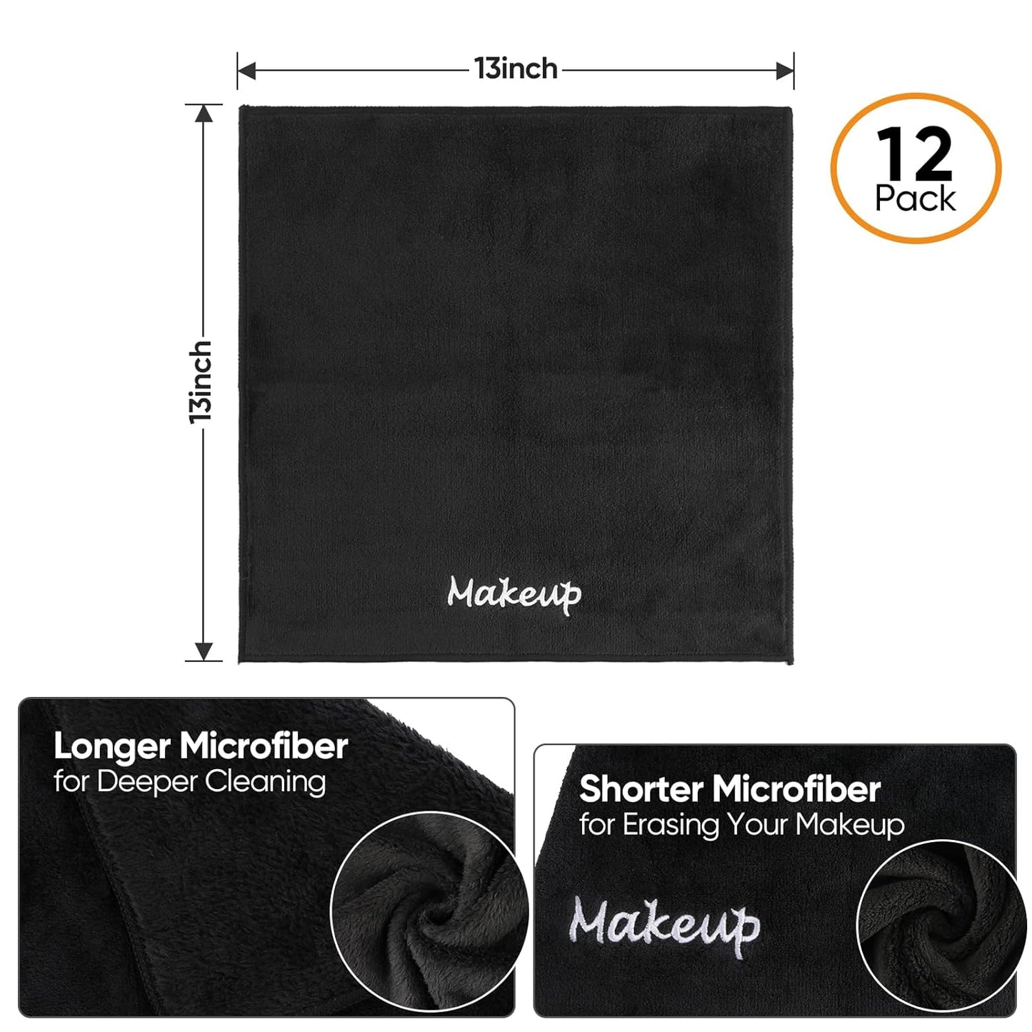 Makeup Remover Cloth, 12 Pack Black Facial Wash Cloths, Soft Coral Fleece Microfiber Towels for Face, Hand, and Bathroom(13" x 13")