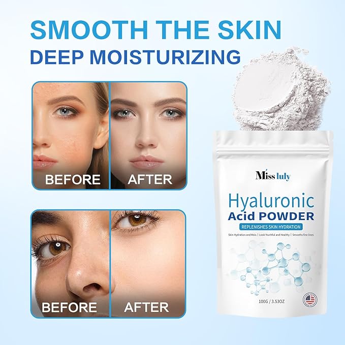 New Hyaluronic Acid Powder for Deep Hydration, Improve Skin Texture | Vegan, Water Soluble | 100G